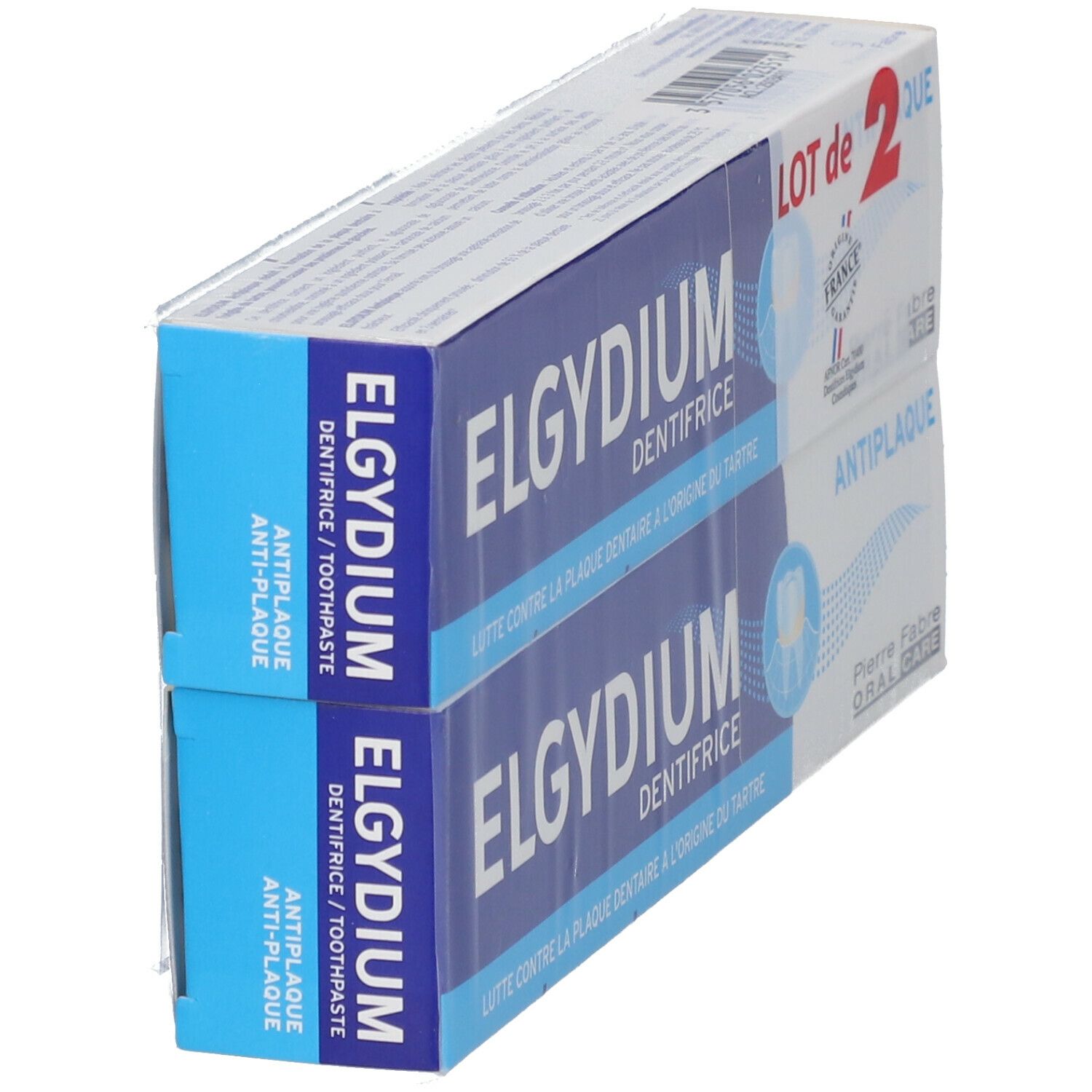 Deux boîtes de dentifrice ELGYDIUM. Emballage bleu et blanc. Texte: Antiplaque, LOT de 2.