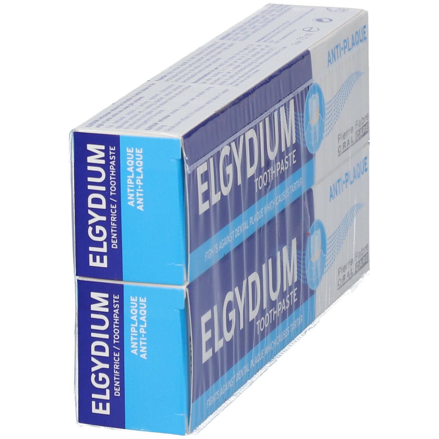 Deux boîtes de dentifrice ELGYDIUM. Emballage bleu et blanc. Texte: Antiplaque, TOOTHPASTE.
