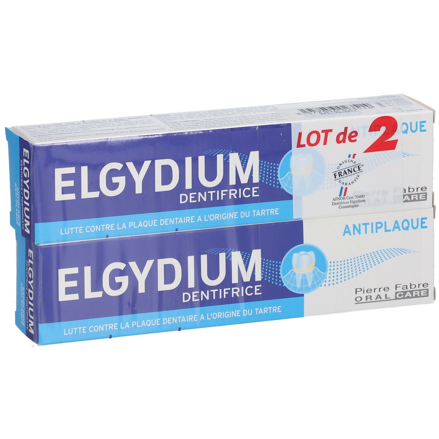 Deux boîtes de dentifrice ELGYDIUM. Emballage bleu et blanc. Texte: Antiplaque, LOT de 2.