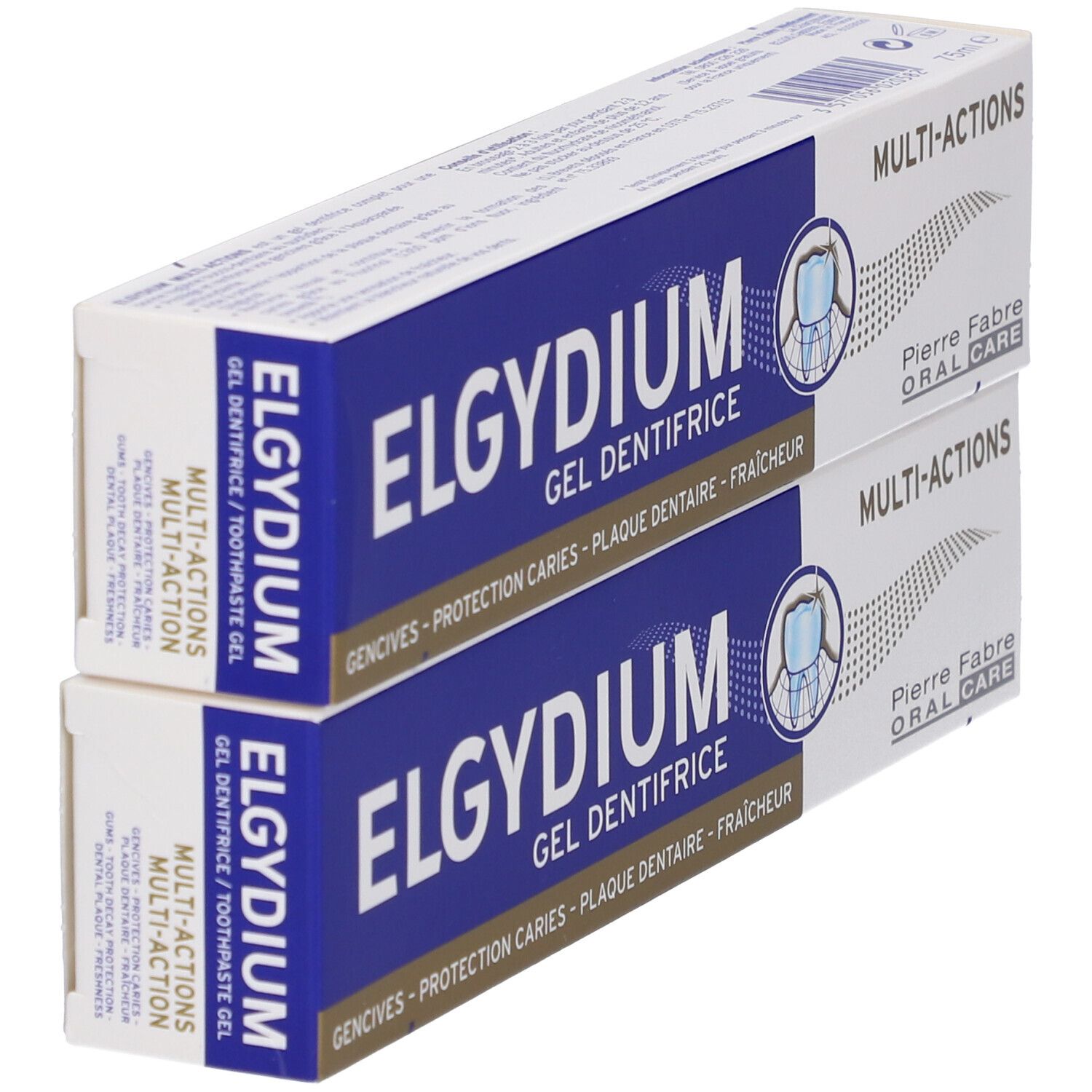 Deux boîtes de dentifrice ELGYDIUM. Emballage bleu et blanc avec nom et logos du produit. Multi-actions.