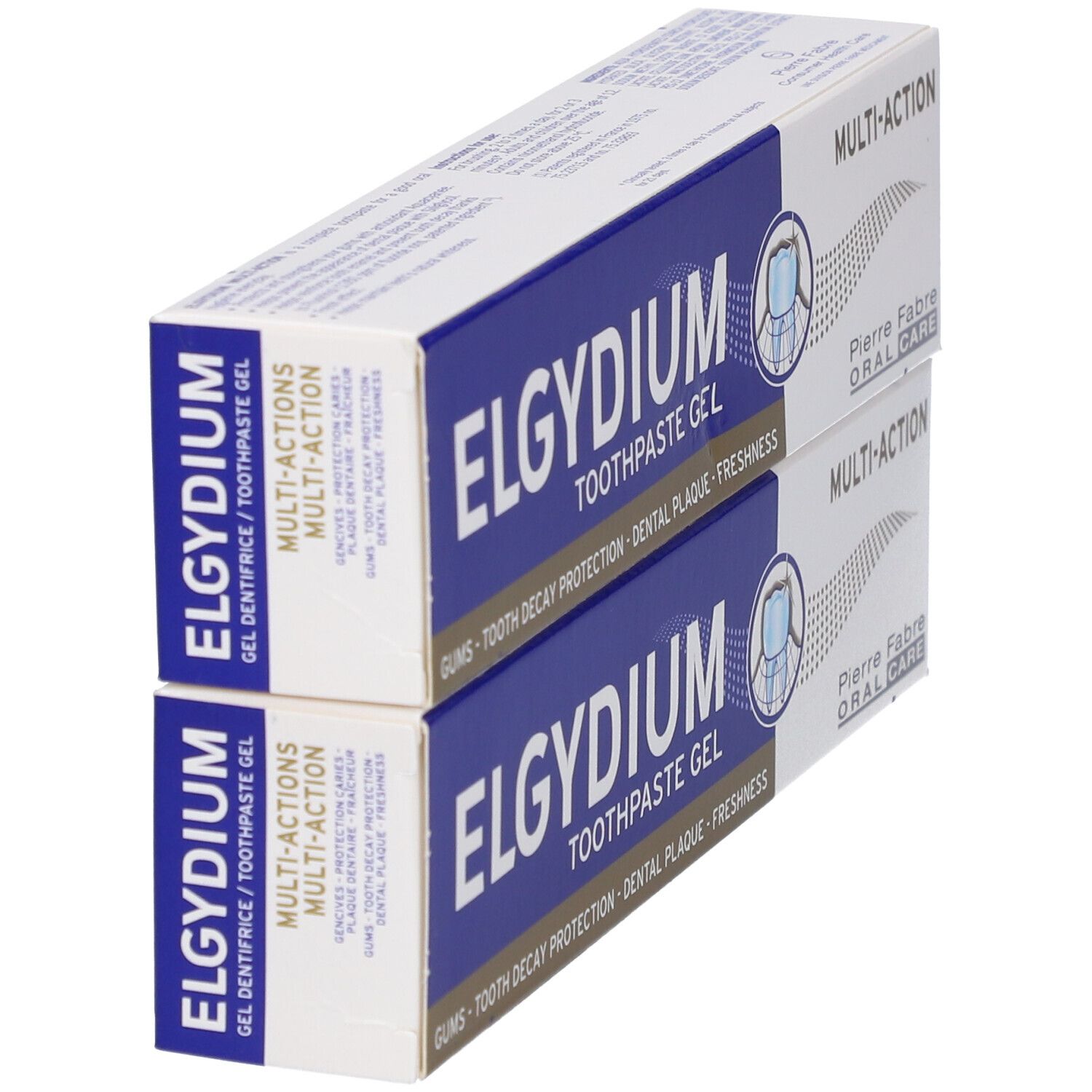 Deux boîtes de dentifrice ELGYDIUM. Emballage bleu et blanc avec nom et logos du produit. Multi-actions.