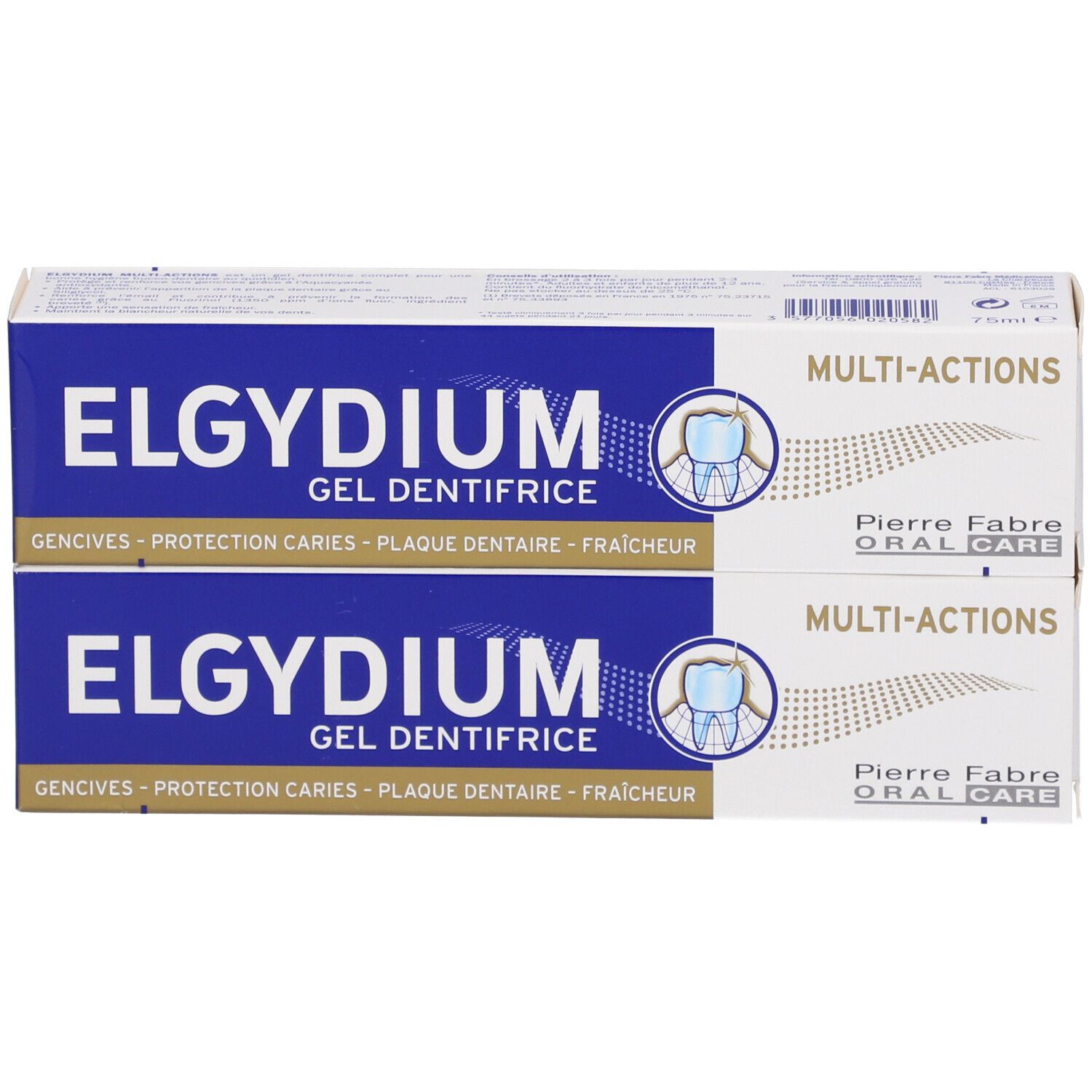 Deux boîtes de dentifrice ELGYDIUM. Emballage bleu et blanc avec nom et logos du produit. Multi-actions.