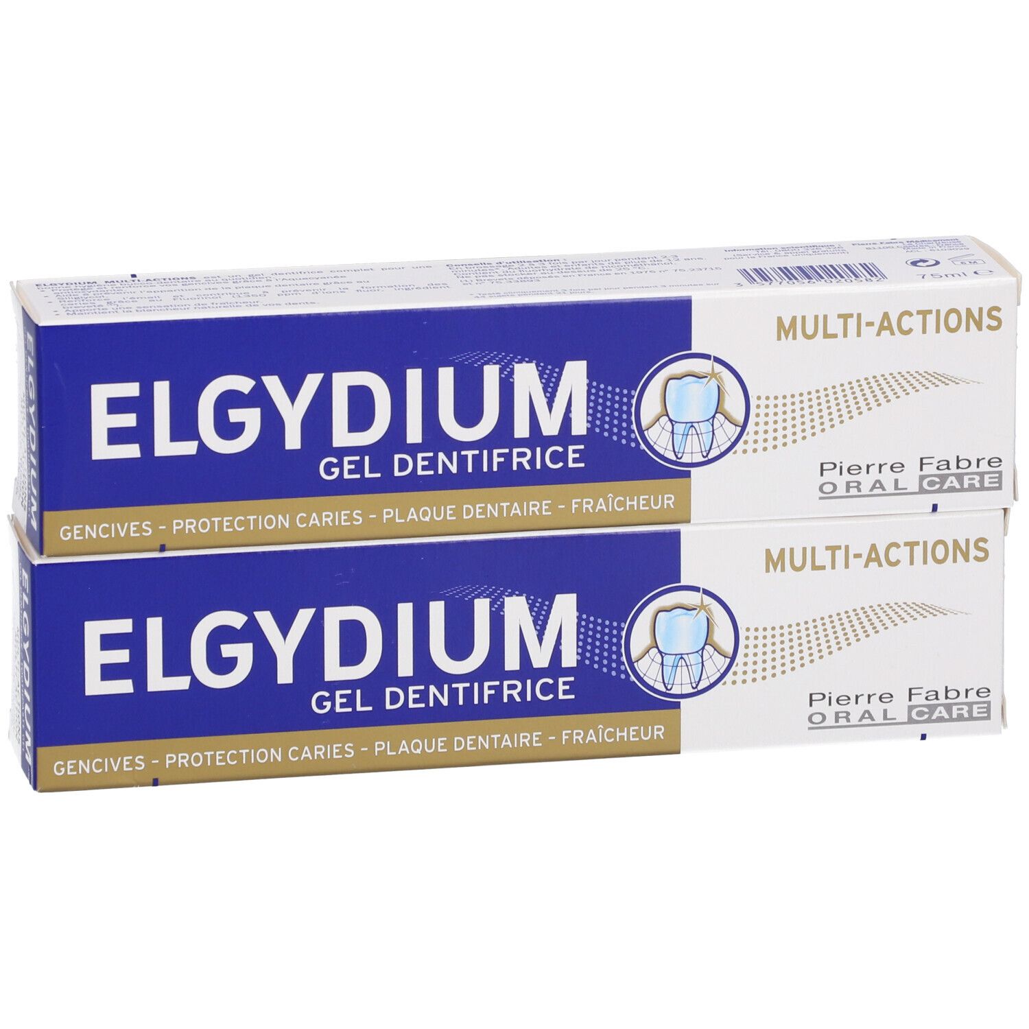 Deux boîtes de dentifrice ELGYDIUM. Emballage bleu et blanc avec nom et logos du produit. Multi-actions.