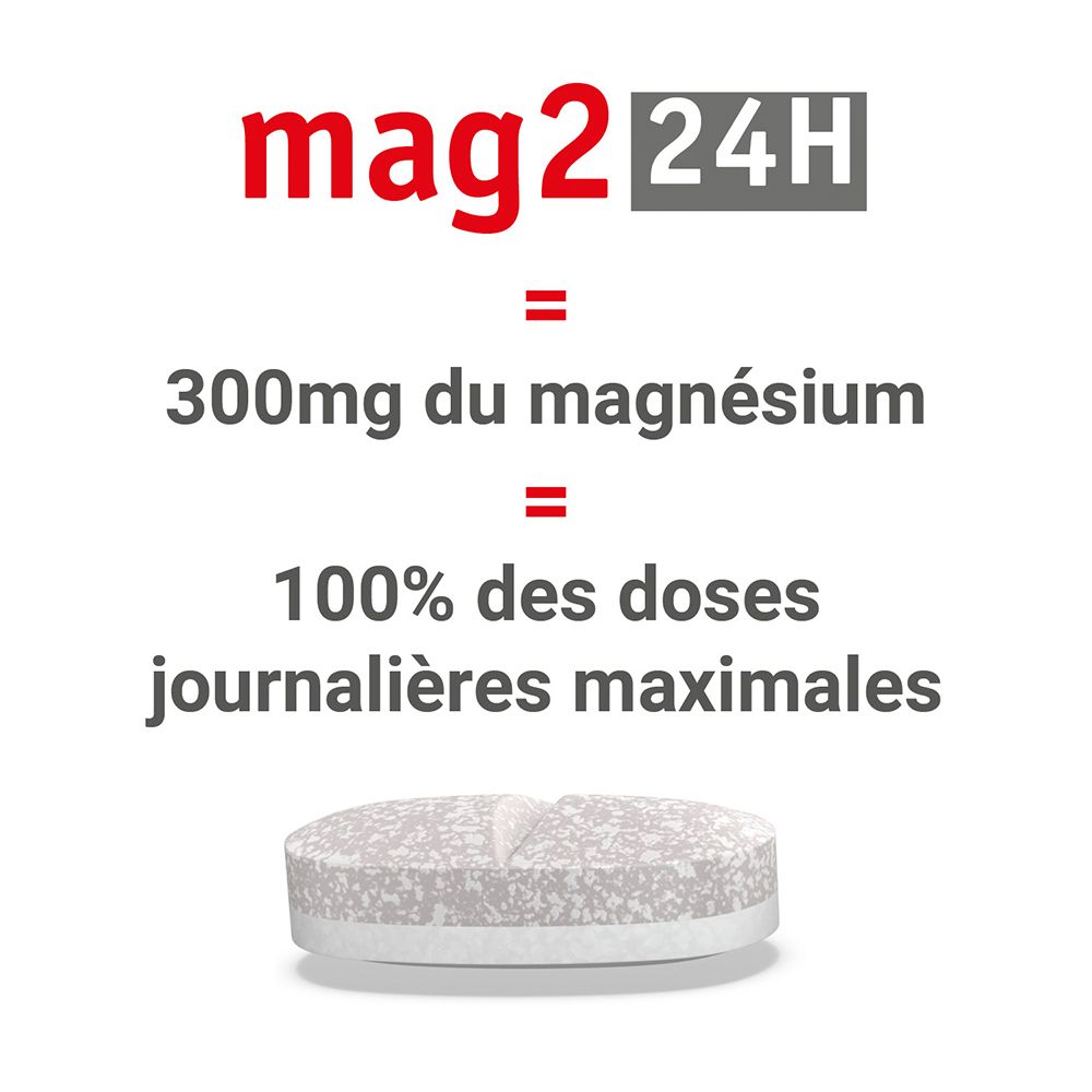Comprimé Mag 2 24H. 300mg de magnésium, 100% des doses journalières maximales.