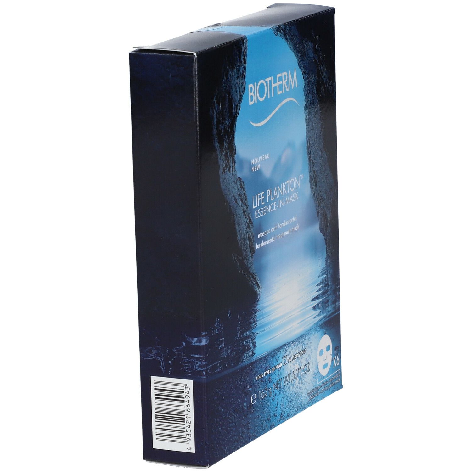BIOTHERM Life Plankton™ Essence-In-Mask. Kartonverpackung, blaue Farbgebung. Barcode und Produktinformationen auf der Seite.