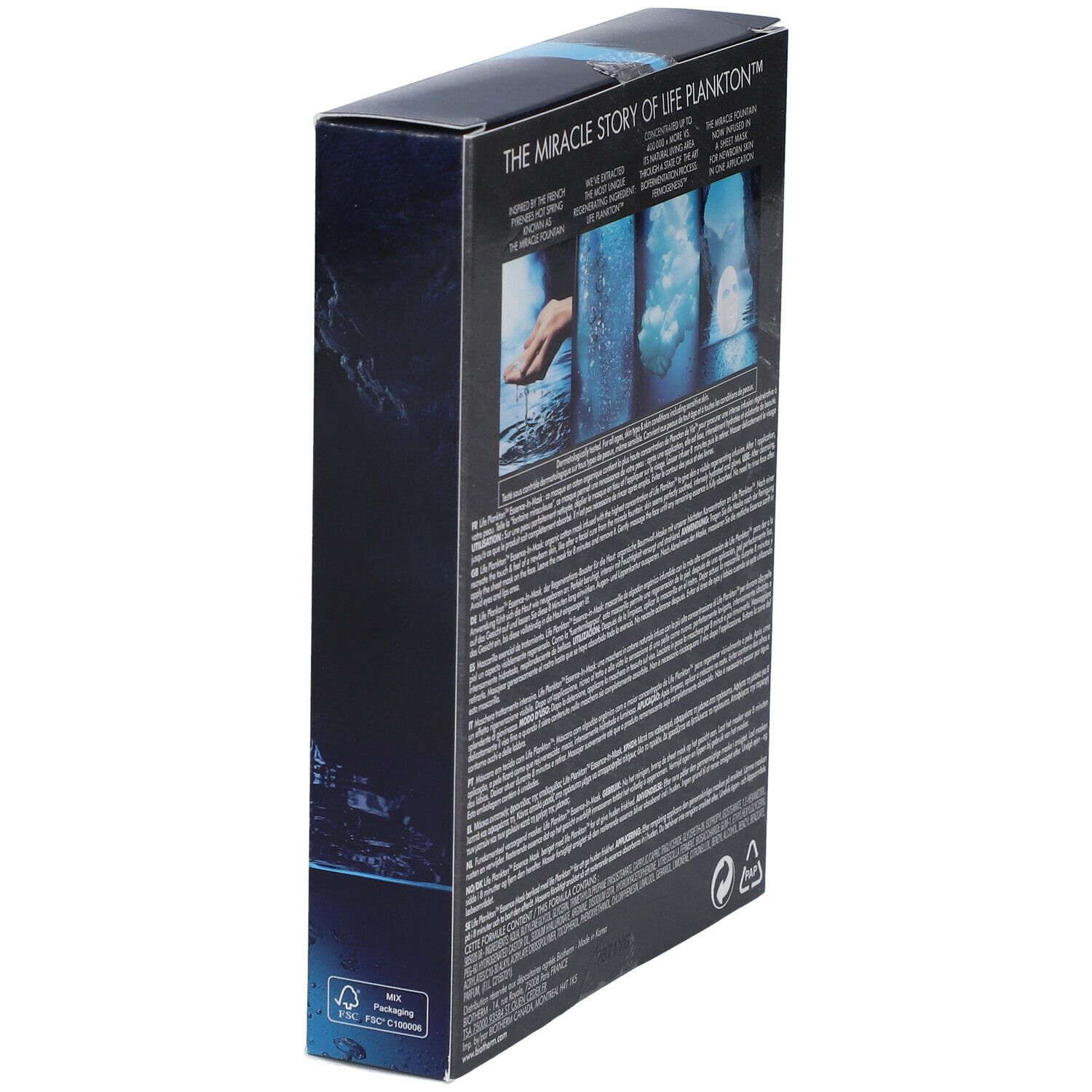 Seite der BIOTHERM Life Plankton™ Essence-In-Mask Verpackung. Text und Produktabbildungen. Blaue Farbgebung.