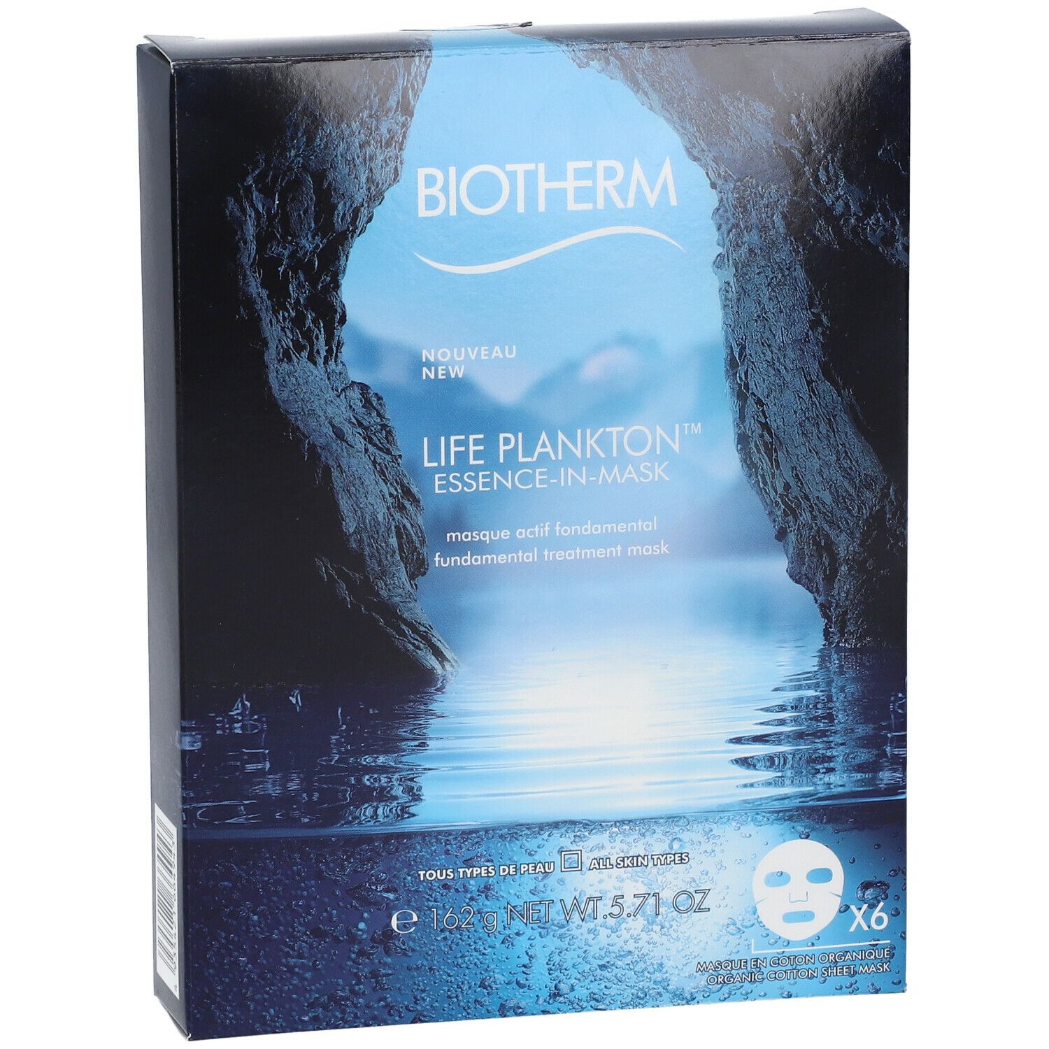BIOTHERM Life Plankton™ Essence-In-Mask. Kartonverpackung mit Produktabbildung. Blaue Farbgebung, Text: Life Plankton, 6 Masken.