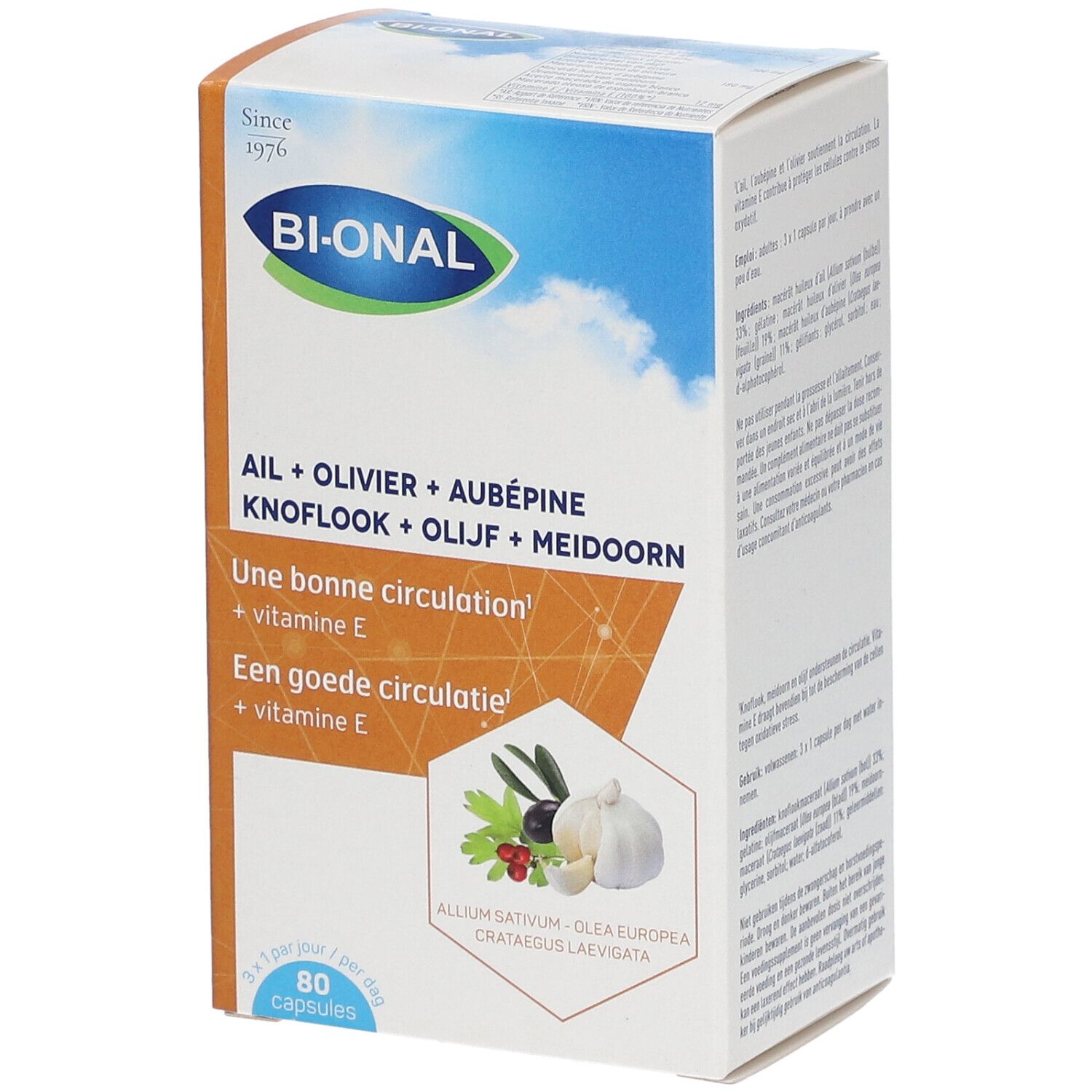 Boîte de produit avec nom et ingrédients. Contient 80 capsules. Logo: BI-ONAL.