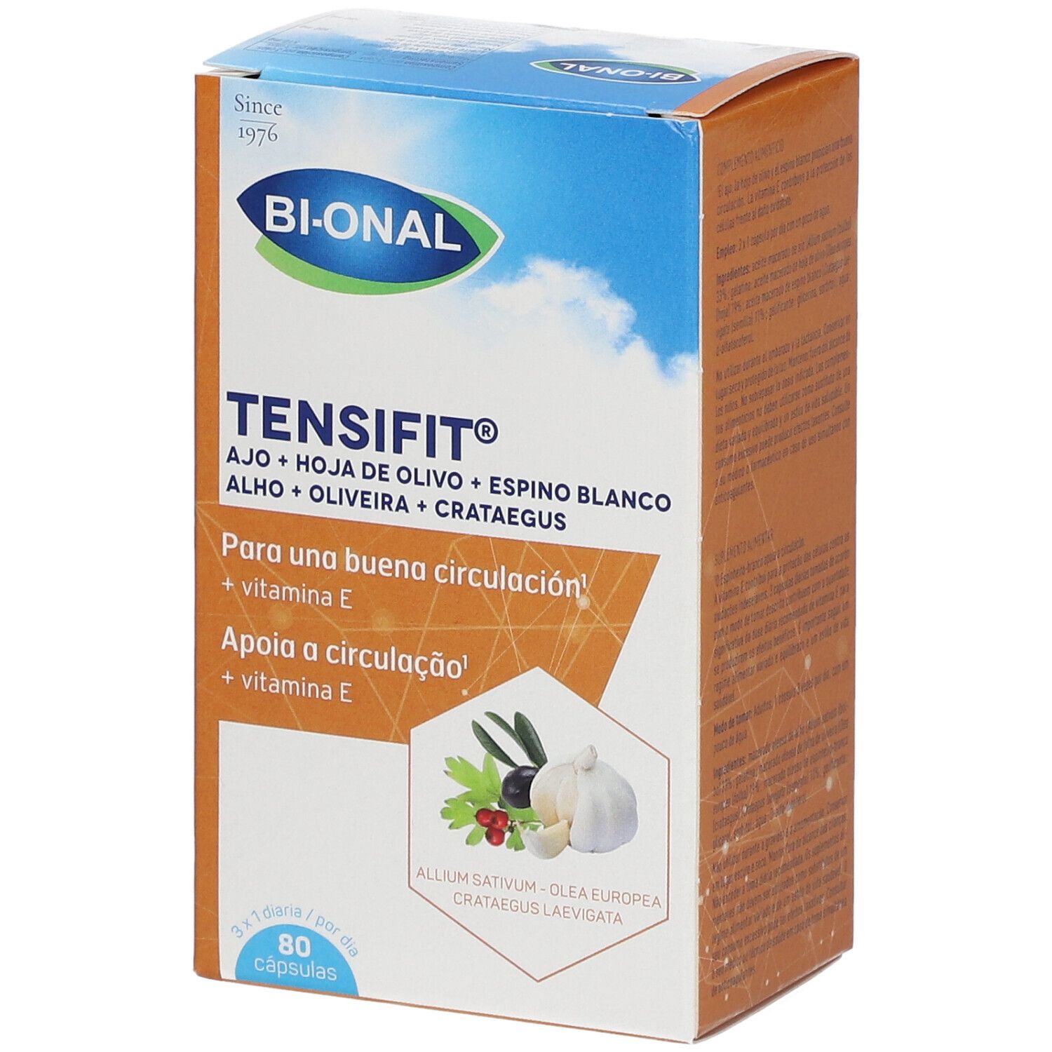 Emballage du produit avec nom et ingrédients. Contient 80 capsules. Logo: BI-ONAL.