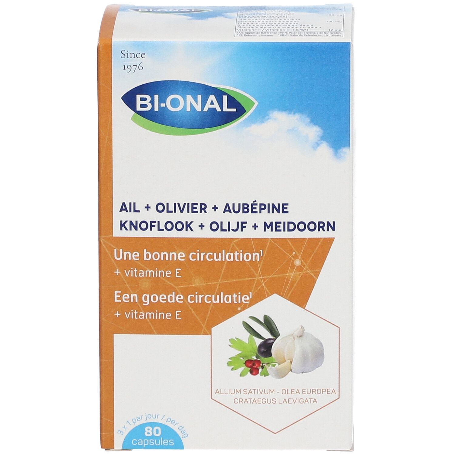 Emballage du produit avec nom et ingrédients. Contient 80 capsules. Logo: BI-ONAL.