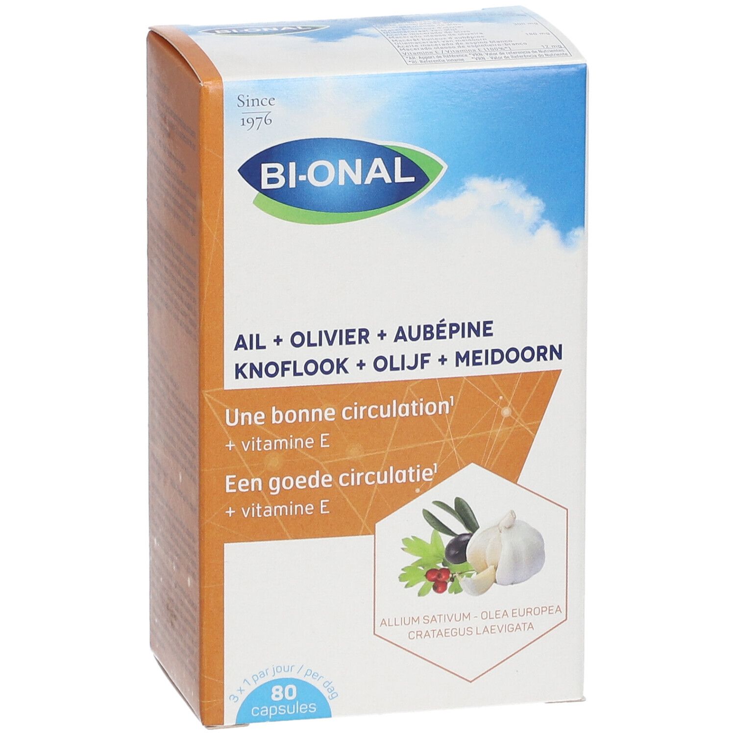 Emballage du produit avec nom et ingrédients. Contient 80 capsules. Logo: BI-ONAL.