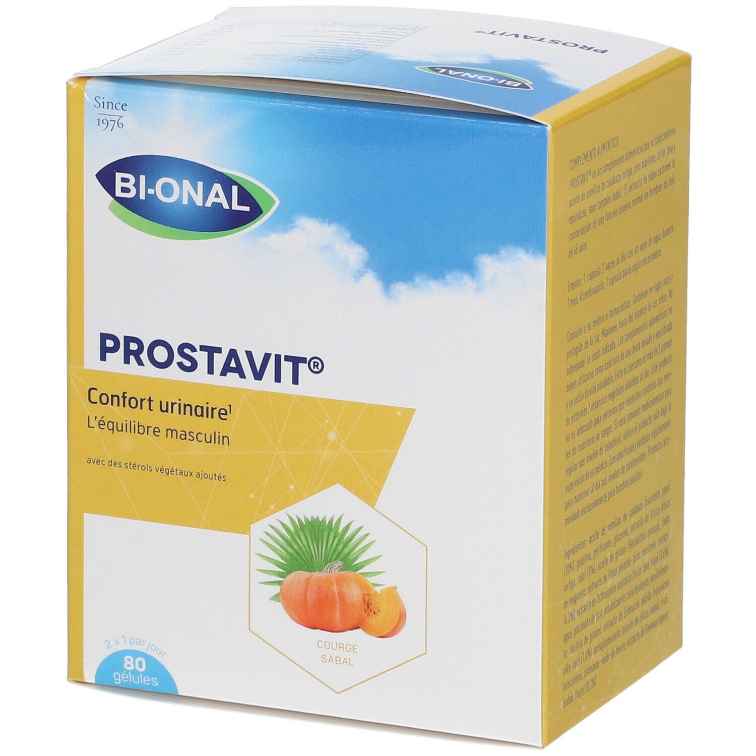 Boîte BIONAL Prostavit®. Inscription : Prostavit®, confort urinaire, 80 gélules. Illustration : citrouille et feuilles.