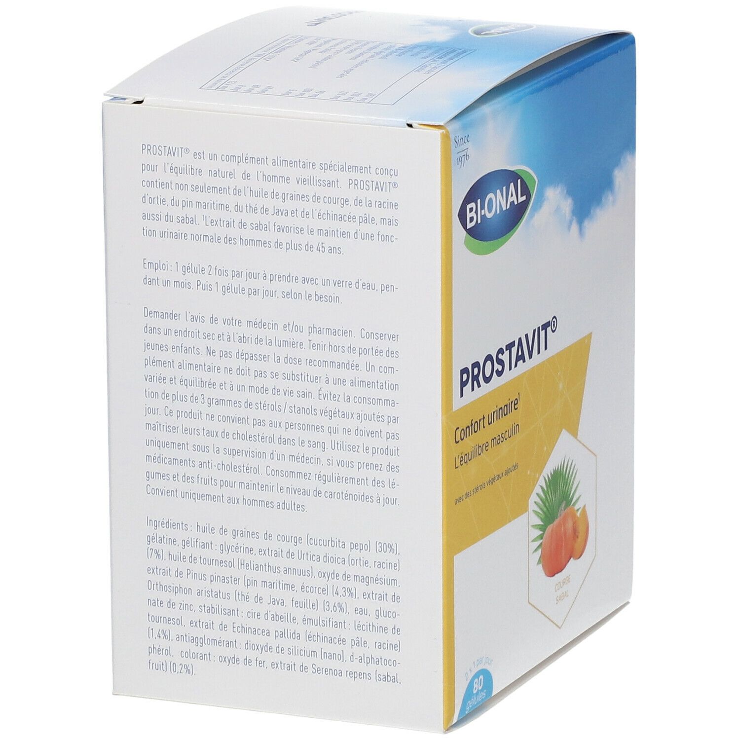 Boîte BIONAL Prostavit®. Inscription : Prostavit®, confort urinaire, 80 gélules. Informations produit au dos.