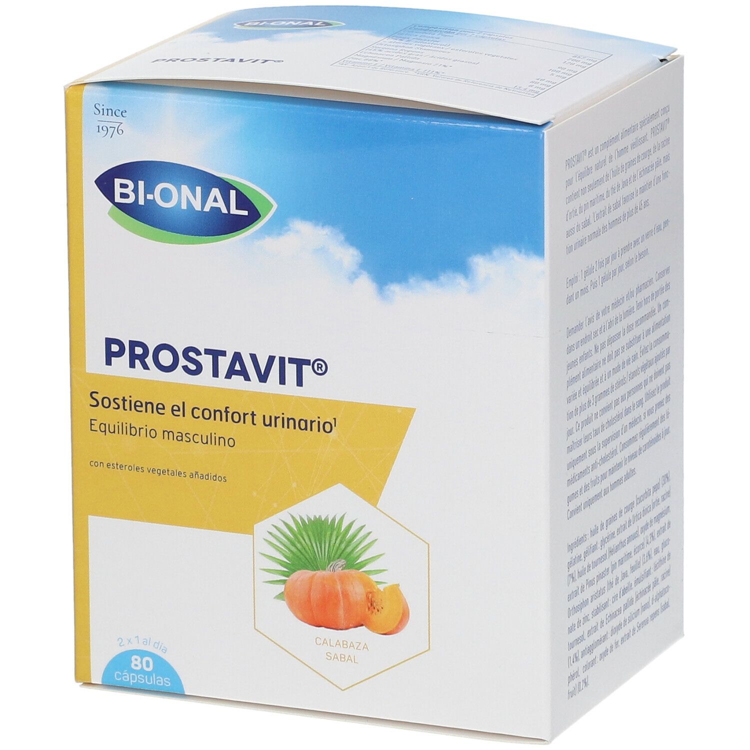 Boîte BIONAL Prostavit®. Inscription : Prostavit®, soutient le confort urinaire, 80 gélules. Illustration : citrouille et feuilles.