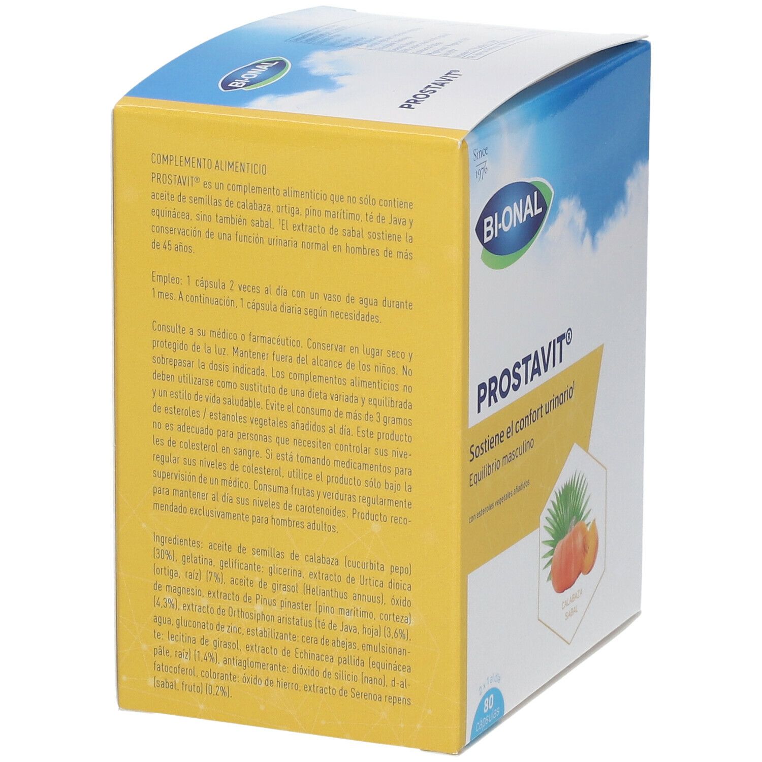 Boîte BIONAL Prostavit®. Inscription : Prostavit®, soutient le confort urinaire, 80 gélules. Informations produit au dos.