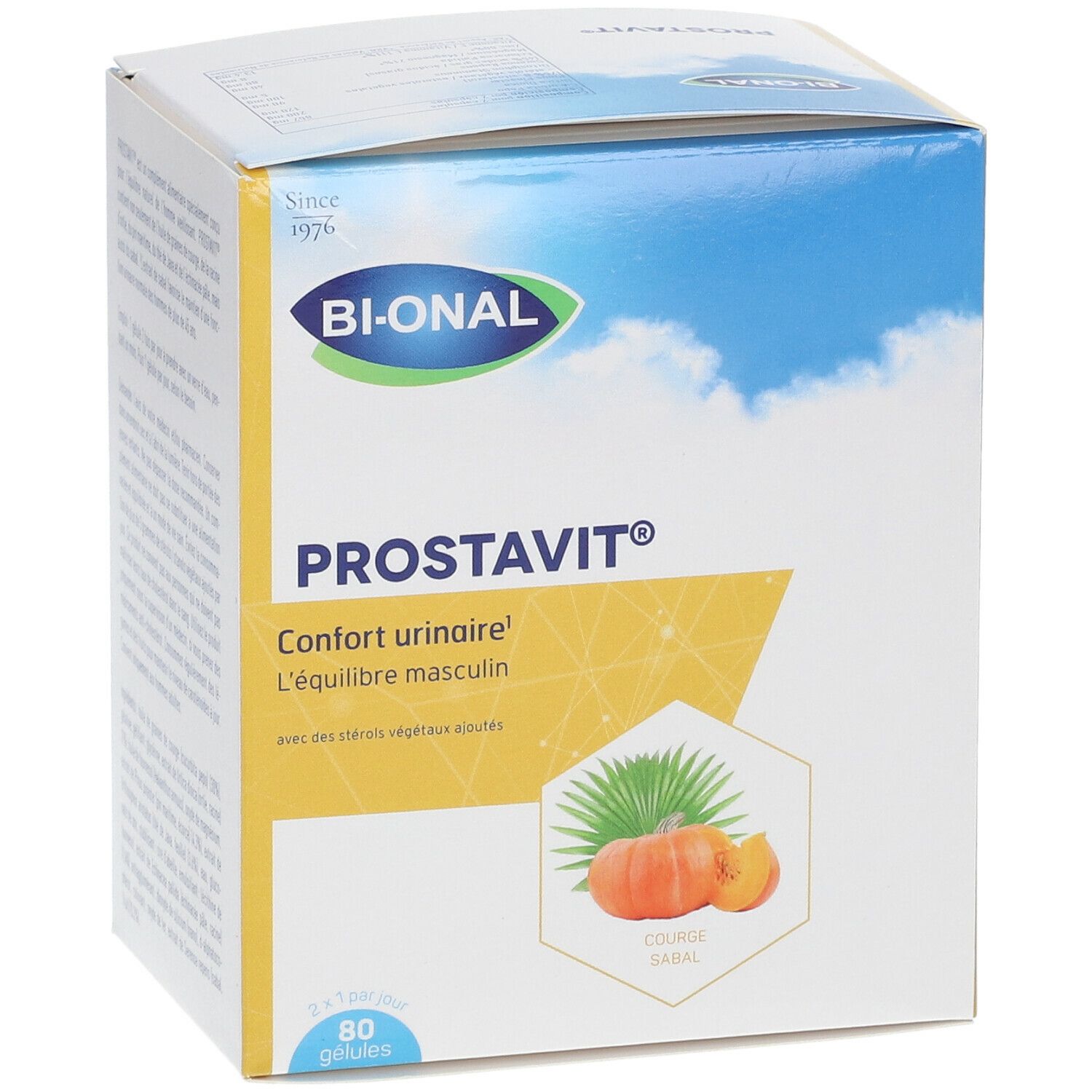 Boîte BIONAL Prostavit®. Inscription : Prostavit®, confort urinaire, 80 gélules. Illustration : citrouille et feuilles.