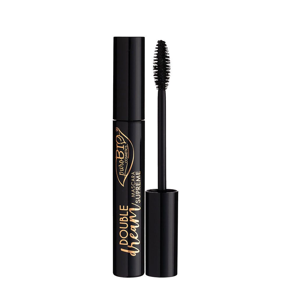 Tube de mascara noir avec brosse. Inscription: Double Dream, Mascara Supreme, puroBIO cosmetics.