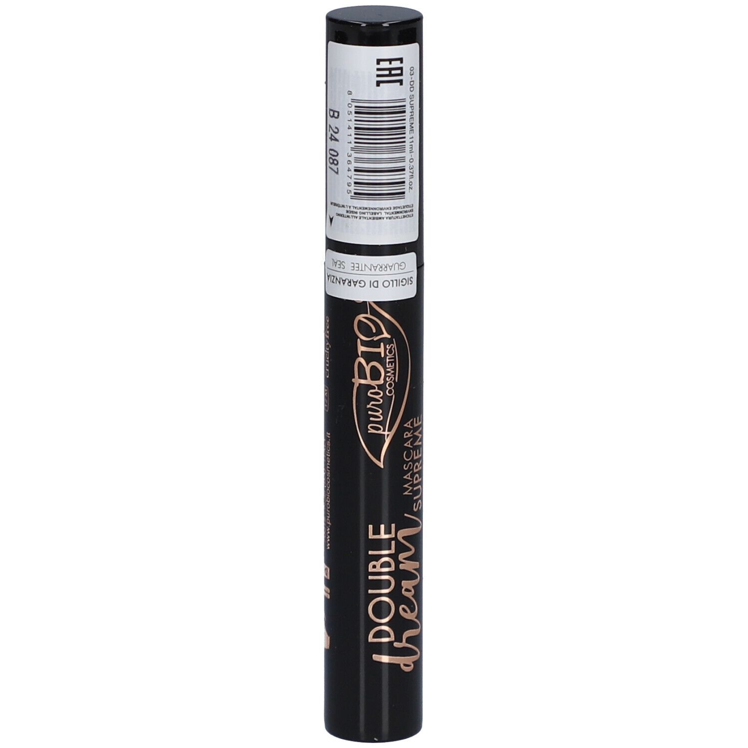 Tube de mascara noir avec étiquette. Inscription: Double Dream, Mascara Supreme, puroBIO cosmetics. Code-barres.