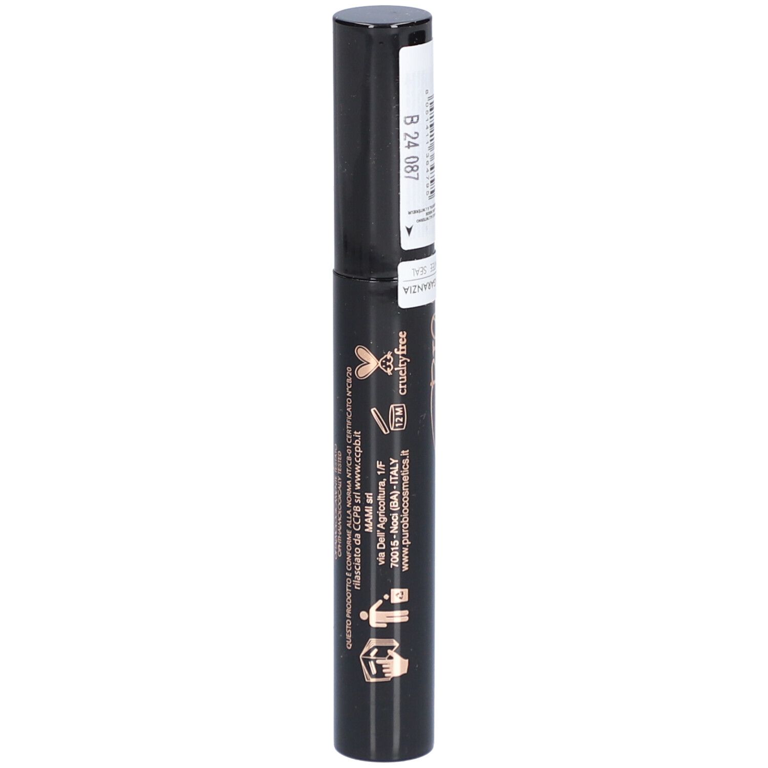 Tube de mascara noir avec étiquette. Inscription: Double Dream, Mascara Supreme, puroBIO cosmetics. Cruelty Free.
