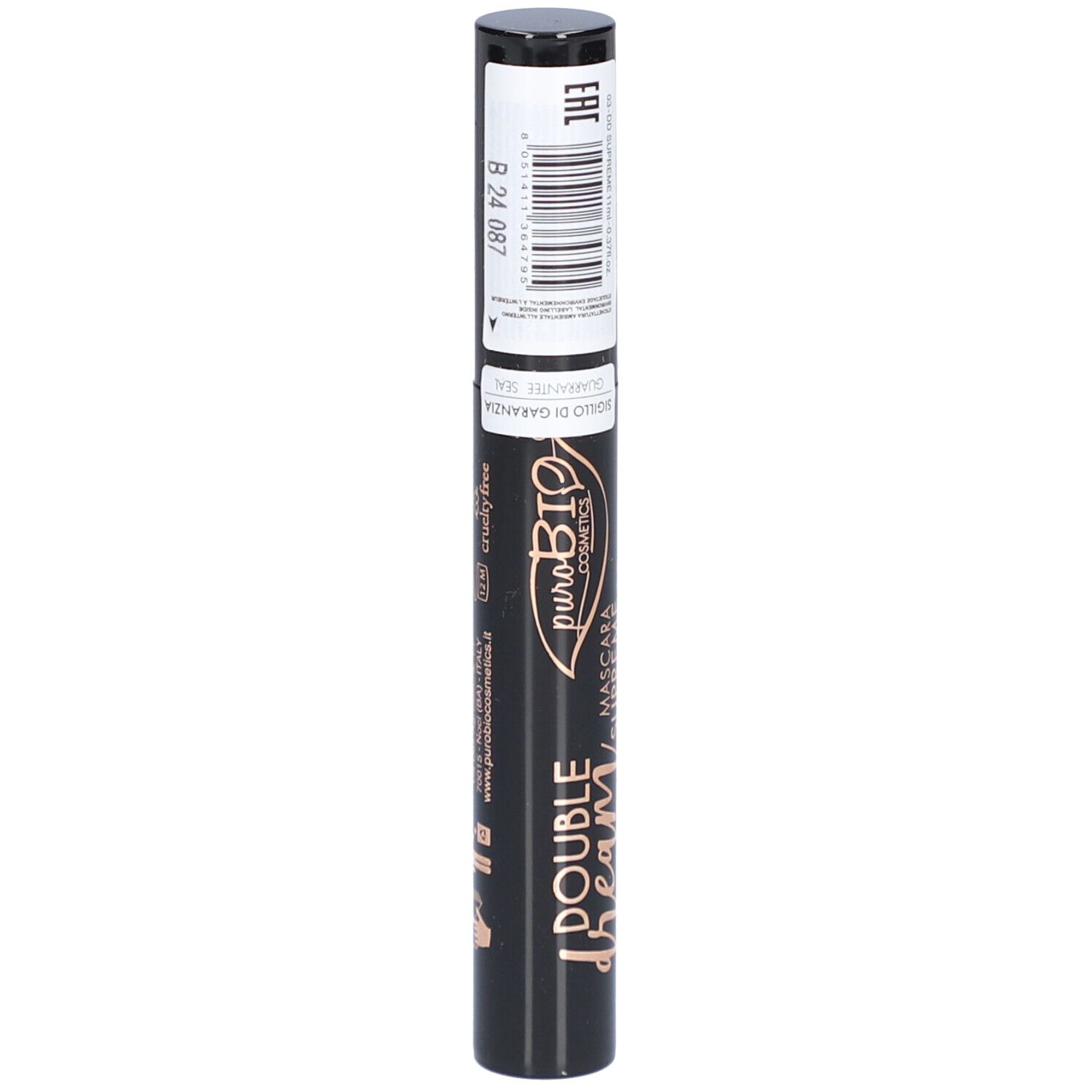 Tube de mascara noir avec étiquette. Inscription: Double Dream, Mascara Supreme, puroBIO cosmetics. Code-barres.