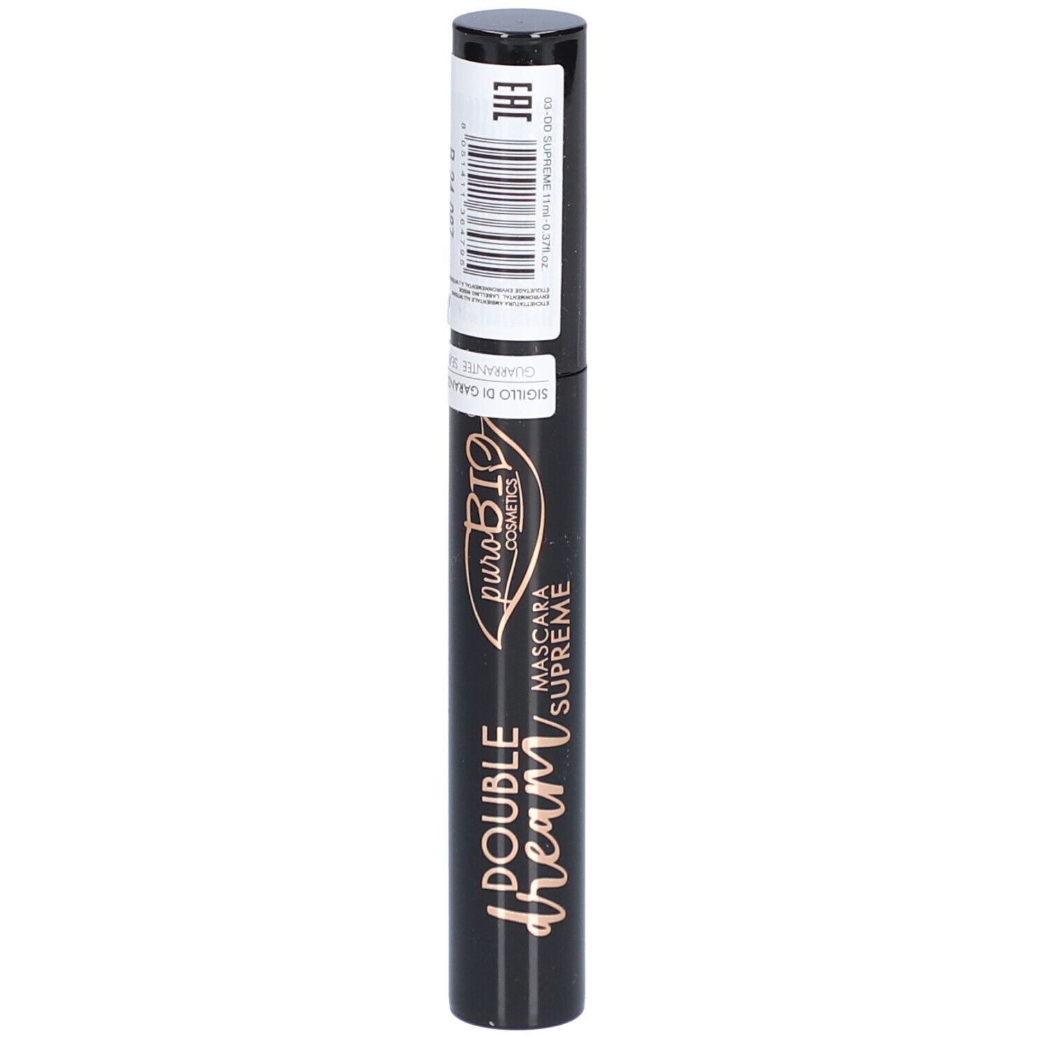 Tube de mascara noir avec étiquette. Inscription: Double Dream, Mascara Supreme, puroBIO cosmetics. Code-barres.