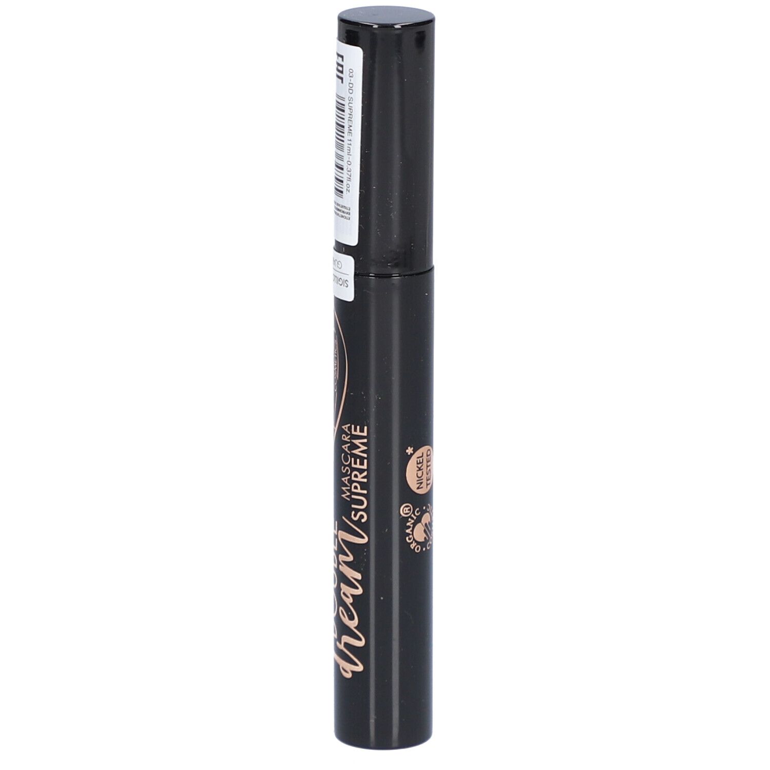 Tube de mascara noir avec étiquette. Inscription: Double Dream, Mascara Supreme, puroBIO cosmetics. Nickel Tested.