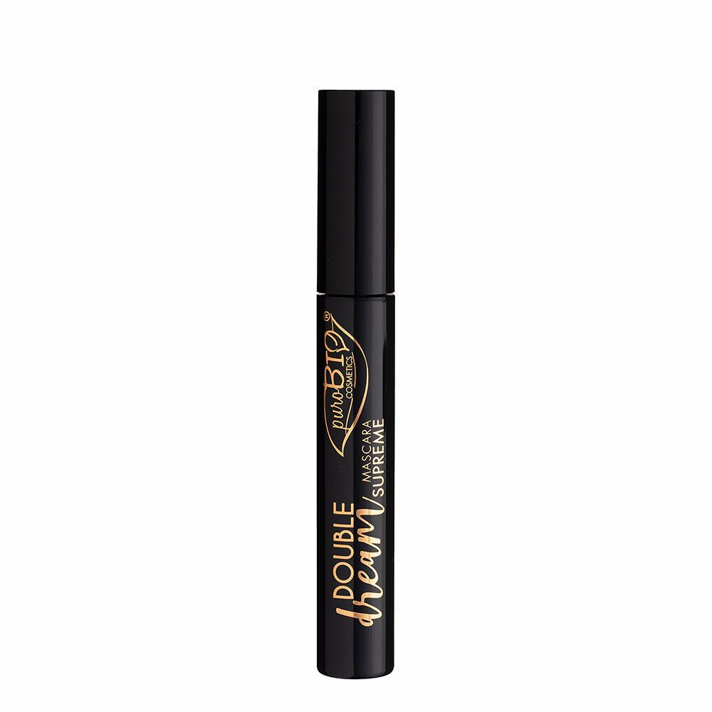 Tube de mascara noir. Inscription: Double Dream, Mascara Supreme, puroBIO cosmetics.