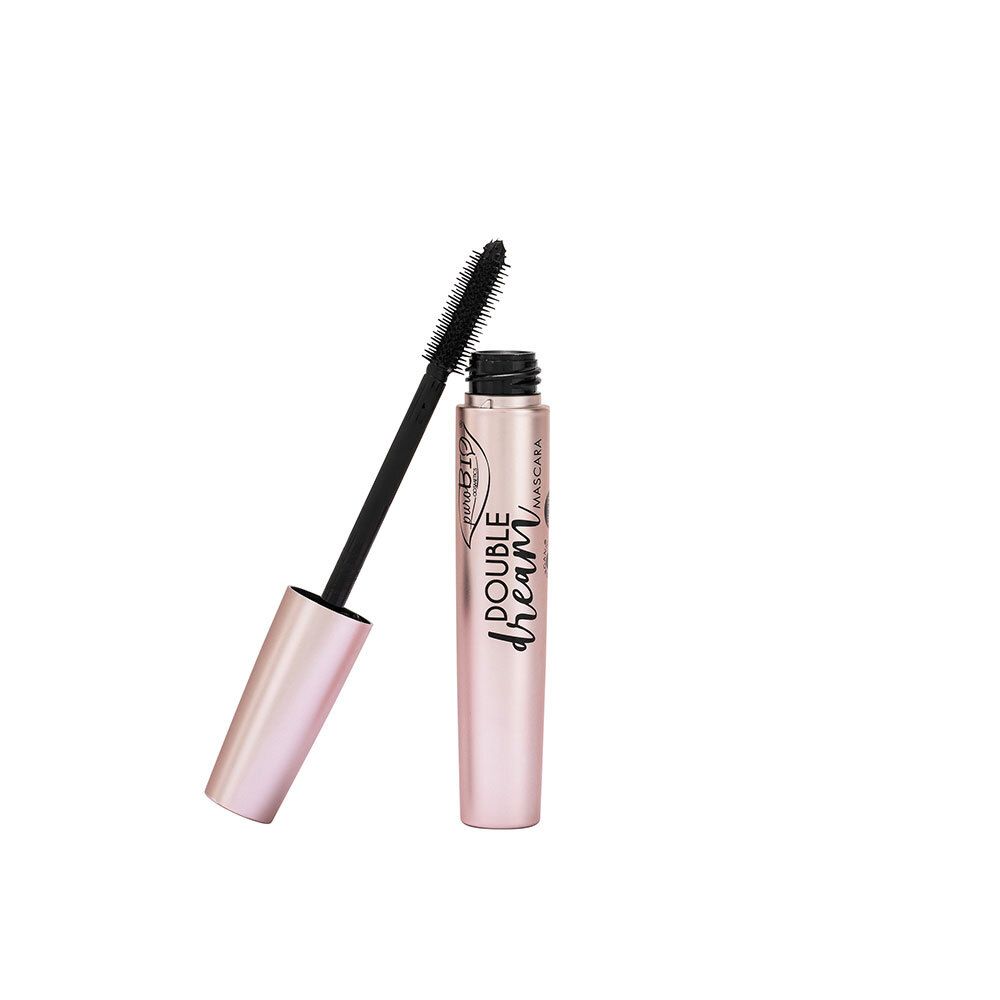 Mascara avec brosse. Étui rose-or, brosse noire. Nom du produit: Double Dream Mascara.