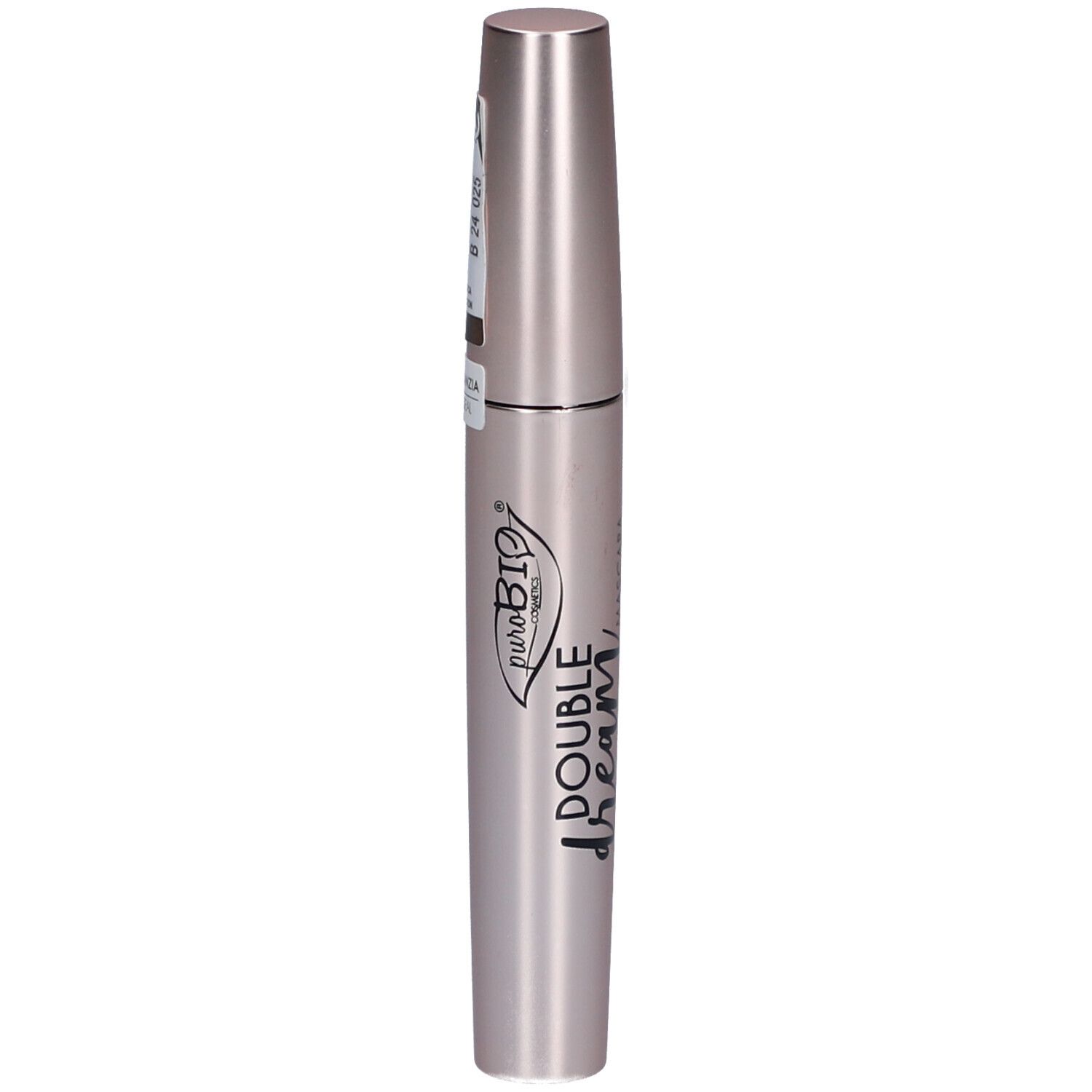 Tube de mascara rose-or. Nom du produit: Double Dream Mascara. Marque: Purobio.
