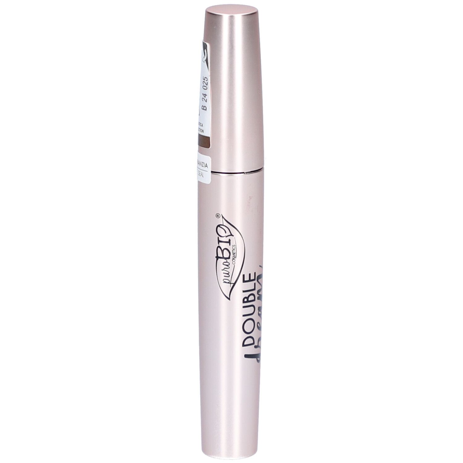 Tube de mascara rose-or. Nom du produit: Double Dream Mascara. Marque: Purobio.