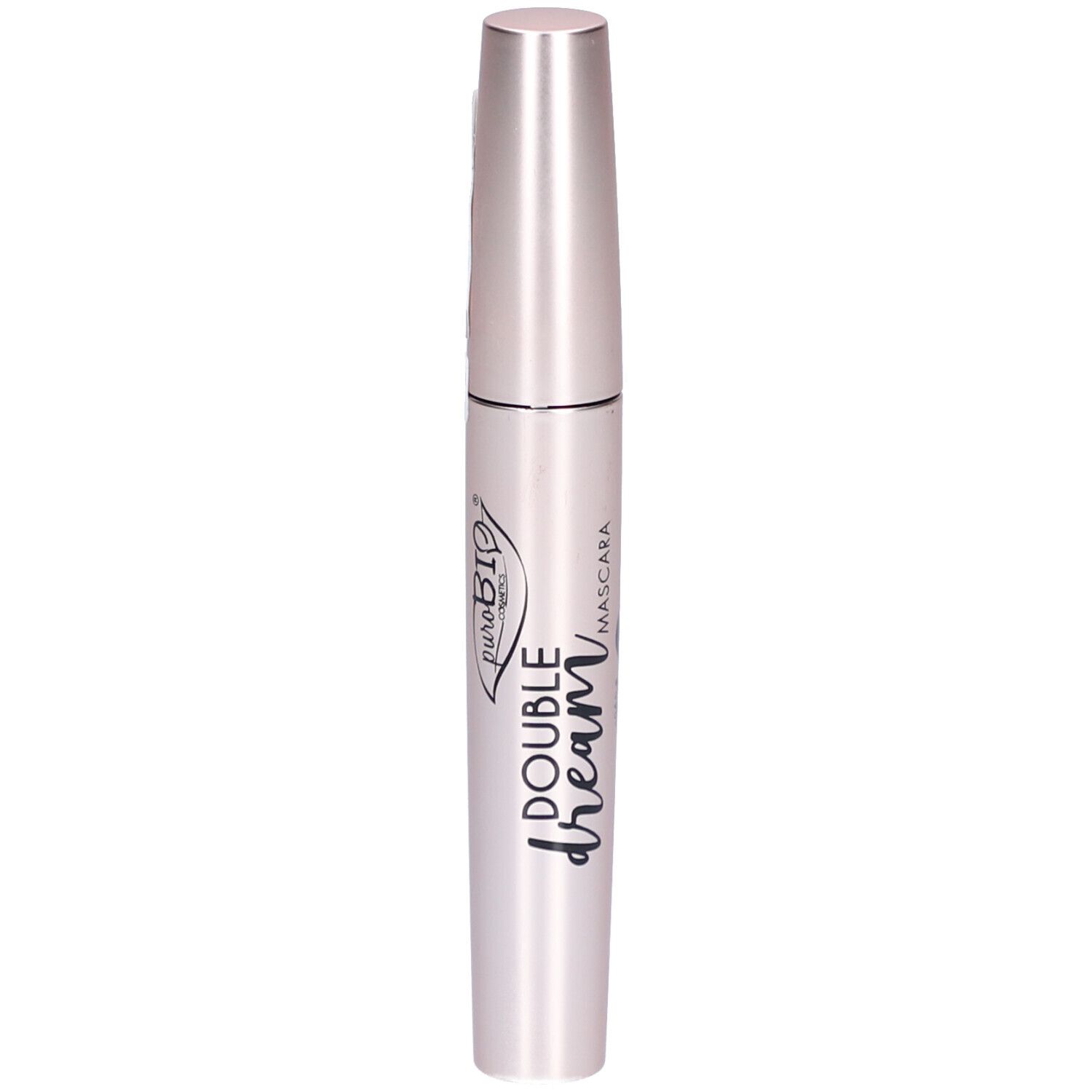 Tube de mascara rose-or. Nom du produit: Double Dream Mascara. Marque: Purobio.