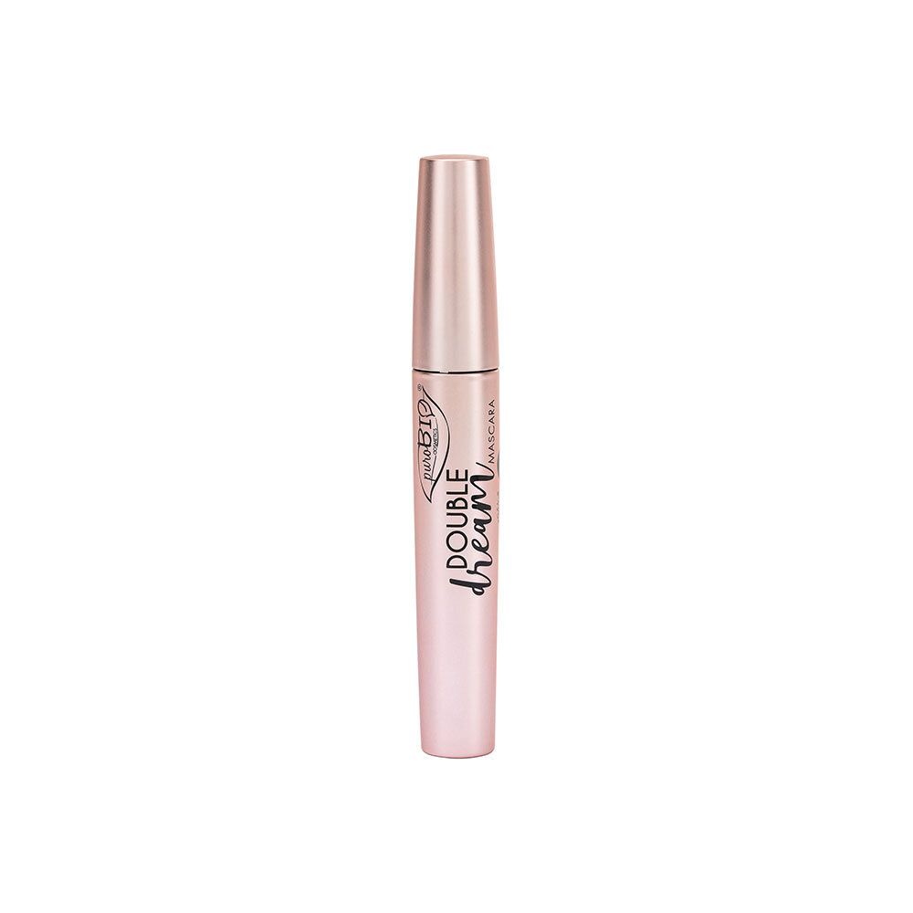 Tube de mascara rose-or. Nom du produit: Double Dream Mascara. Marque: Purobio.