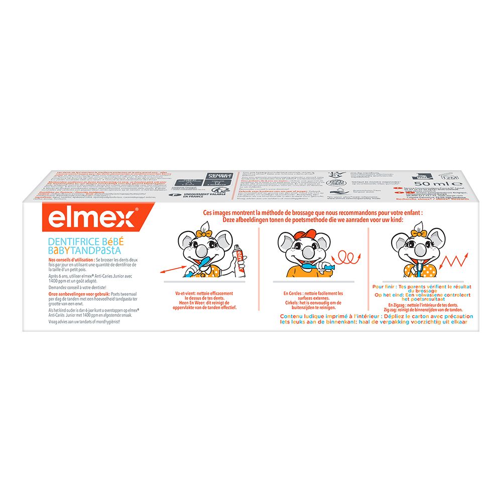 Rückseite der Elmex Baby Zahnpasta-Verpackung. Illustrationen zur Zahnputztechnik. Text in mehreren Sprachen.