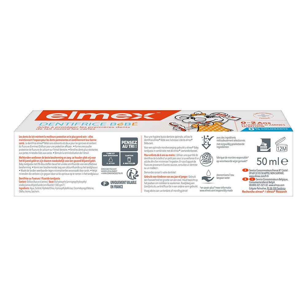 Rückseite der Elmex Baby Zahnpasta-Verpackung. Informationen und Illustrationen. Text in mehreren Sprachen.
