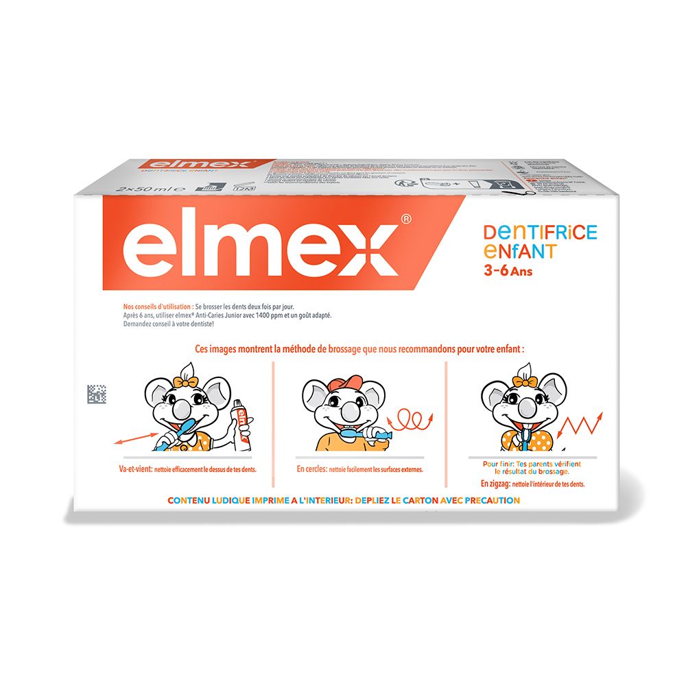 Emballage avec elmex DENTIFRICE ENFANT. Illustrations: brossage des dents. 3-6 ans. Instructions au dos.