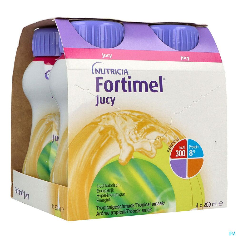 Emballage de quatre bouteilles Nutricia Fortimel Jucy. Goût tropical, 4 x 200 ml. Bouchons violets, boisson jaune.