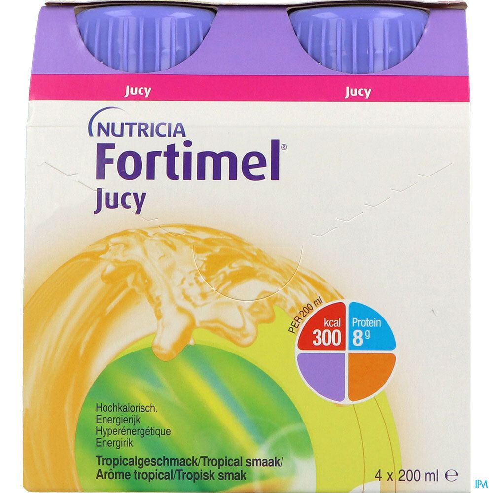 Emballage de Nutricia Fortimel Jucy, quatre bouteilles. Goût tropical, 4 x 200 ml. Bouchons violets, boisson jaune.