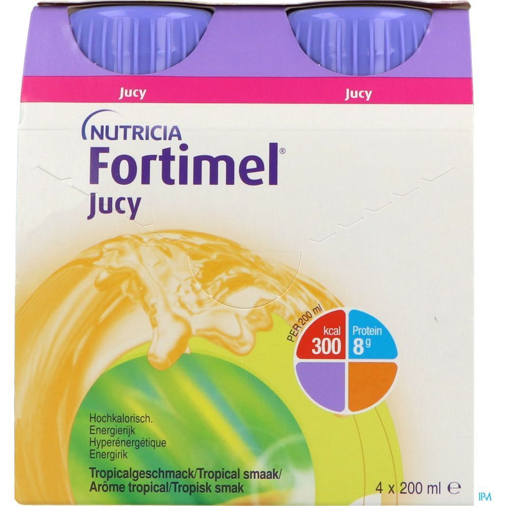 Emballage de Nutricia Fortimel Jucy, quatre bouteilles. Goût tropical, 4 x 200 ml. Bouchons violets, boisson jaune.