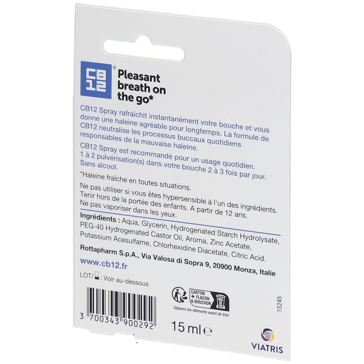 Dos de l'emballage CB12. Texte : ingrédients, mode d'emploi, adresse du fabricant, 15 ml.