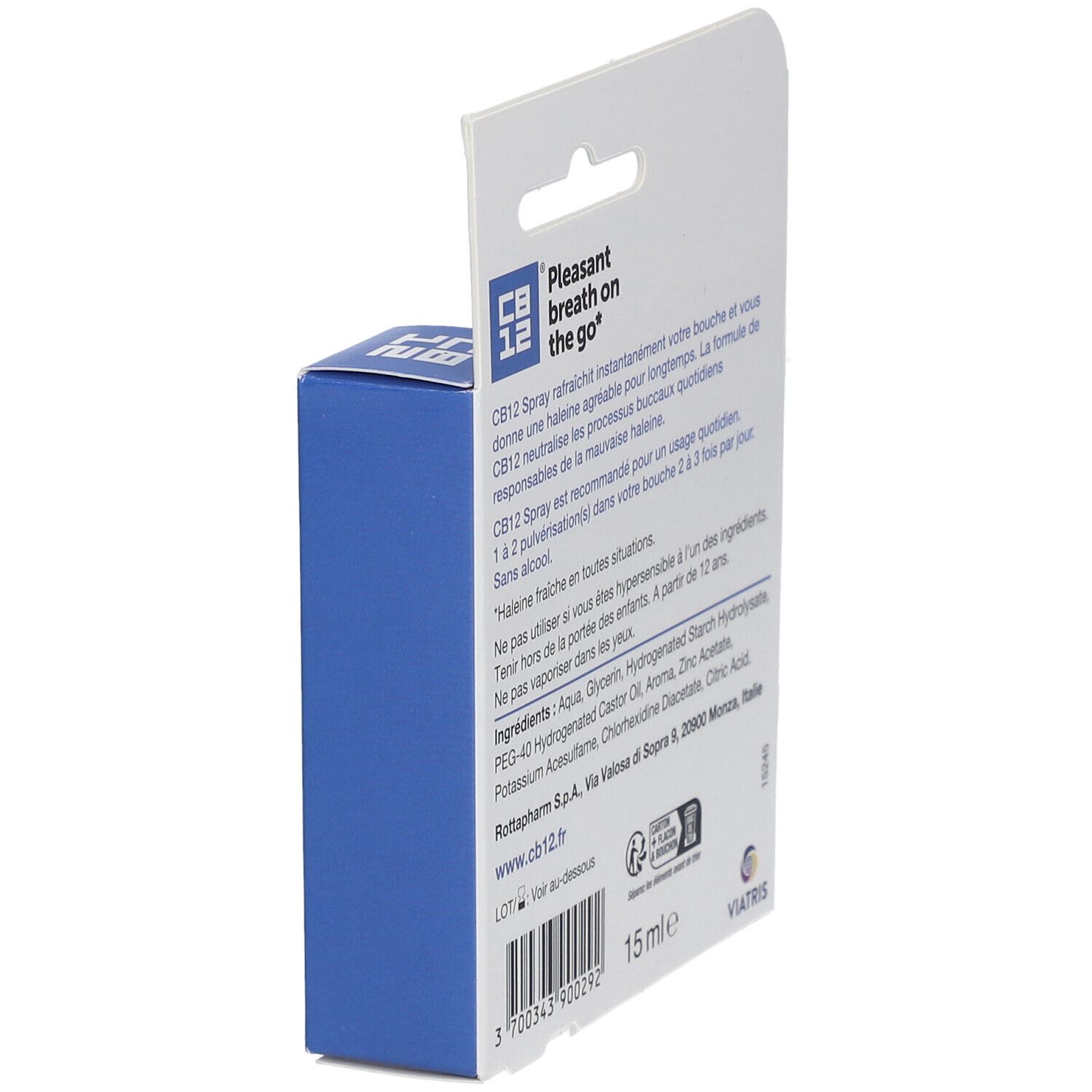 Emballage CB12, dos. Texte : ingrédients, mode d'emploi, adresse du fabricant, 15 ml.