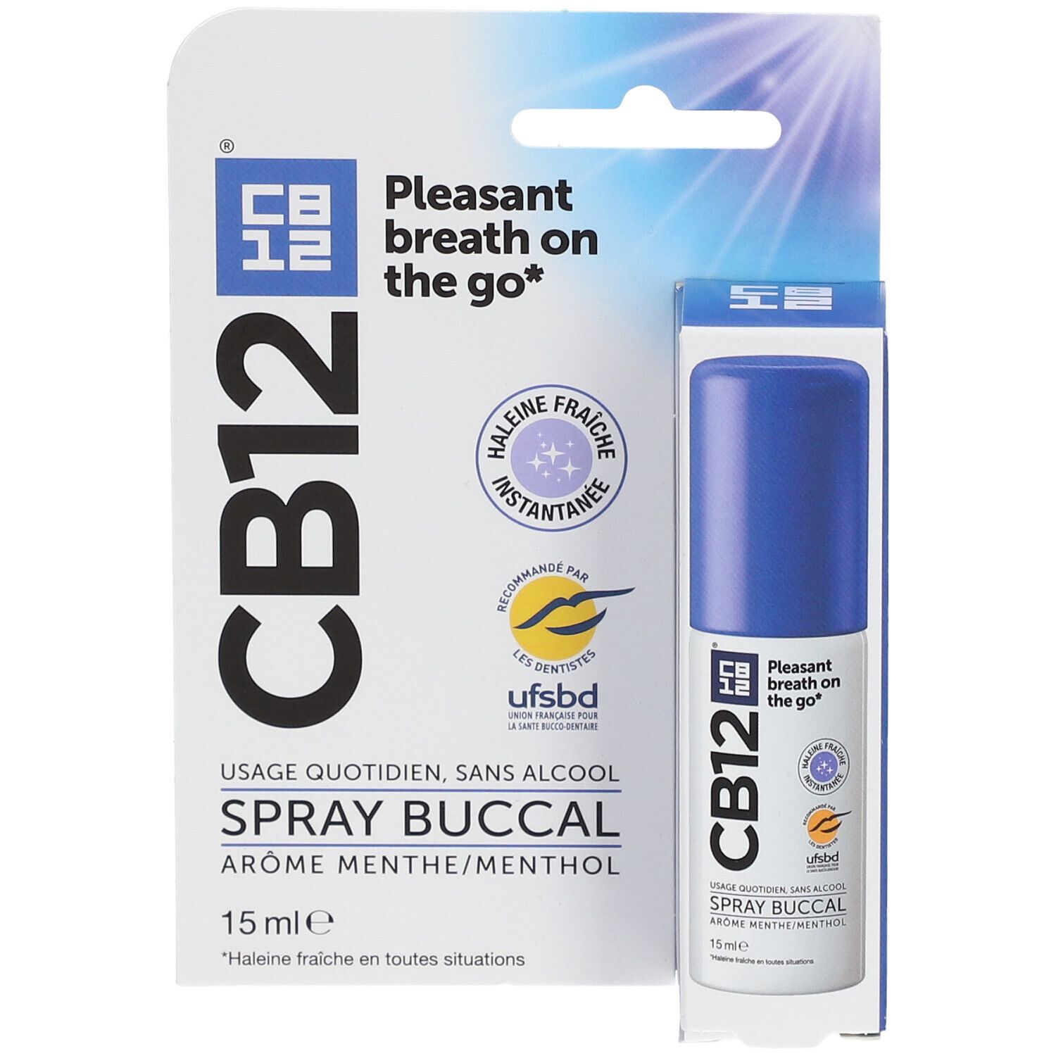 Spray buccal CB12, flacon bleu et emballage. Inscription : Spray buccal, Arôme menthe/menthol, 15 ml.