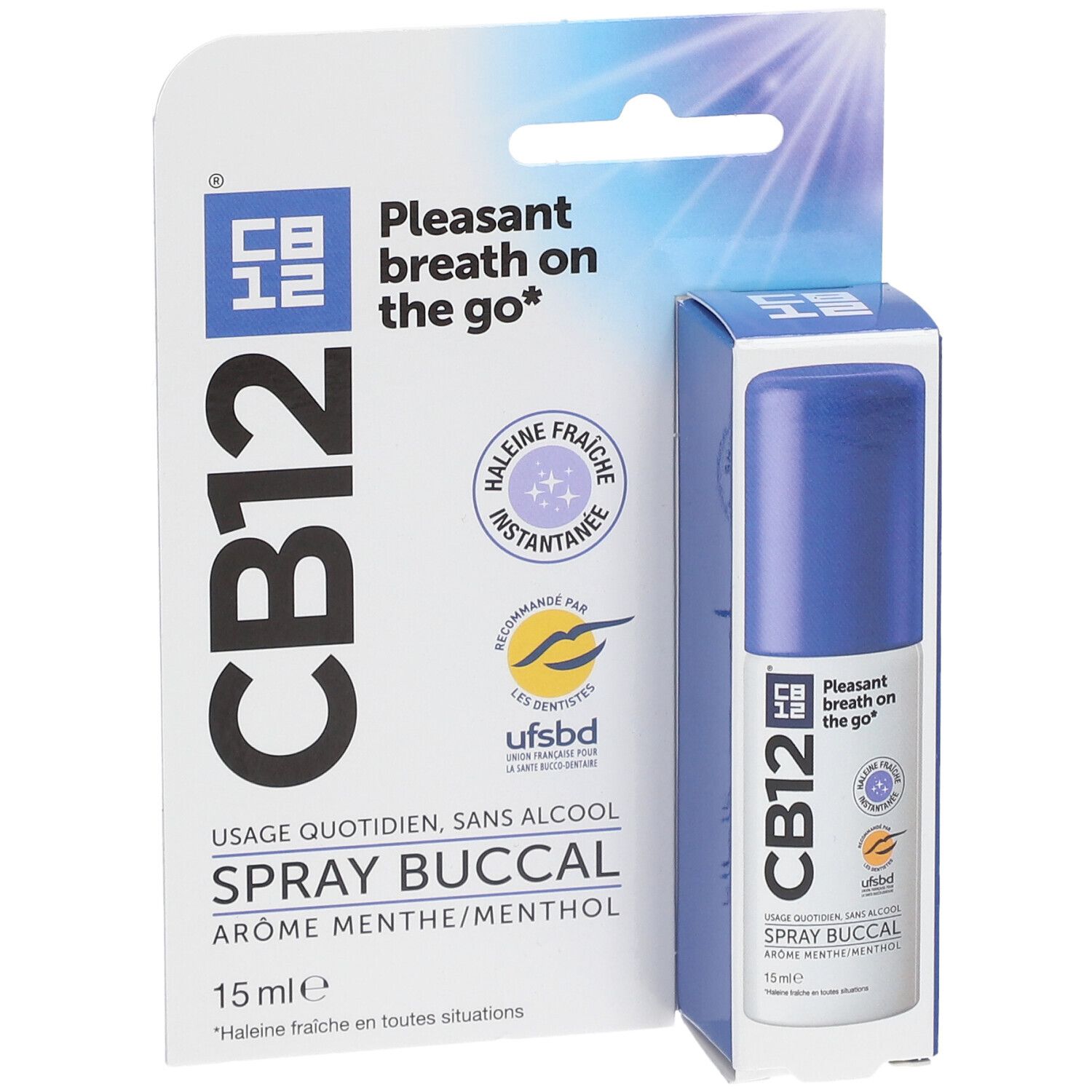 Spray buccal CB12, flacon bleu et emballage. Inscription : Spray buccal, Arôme menthe/menthol, 15 ml.
