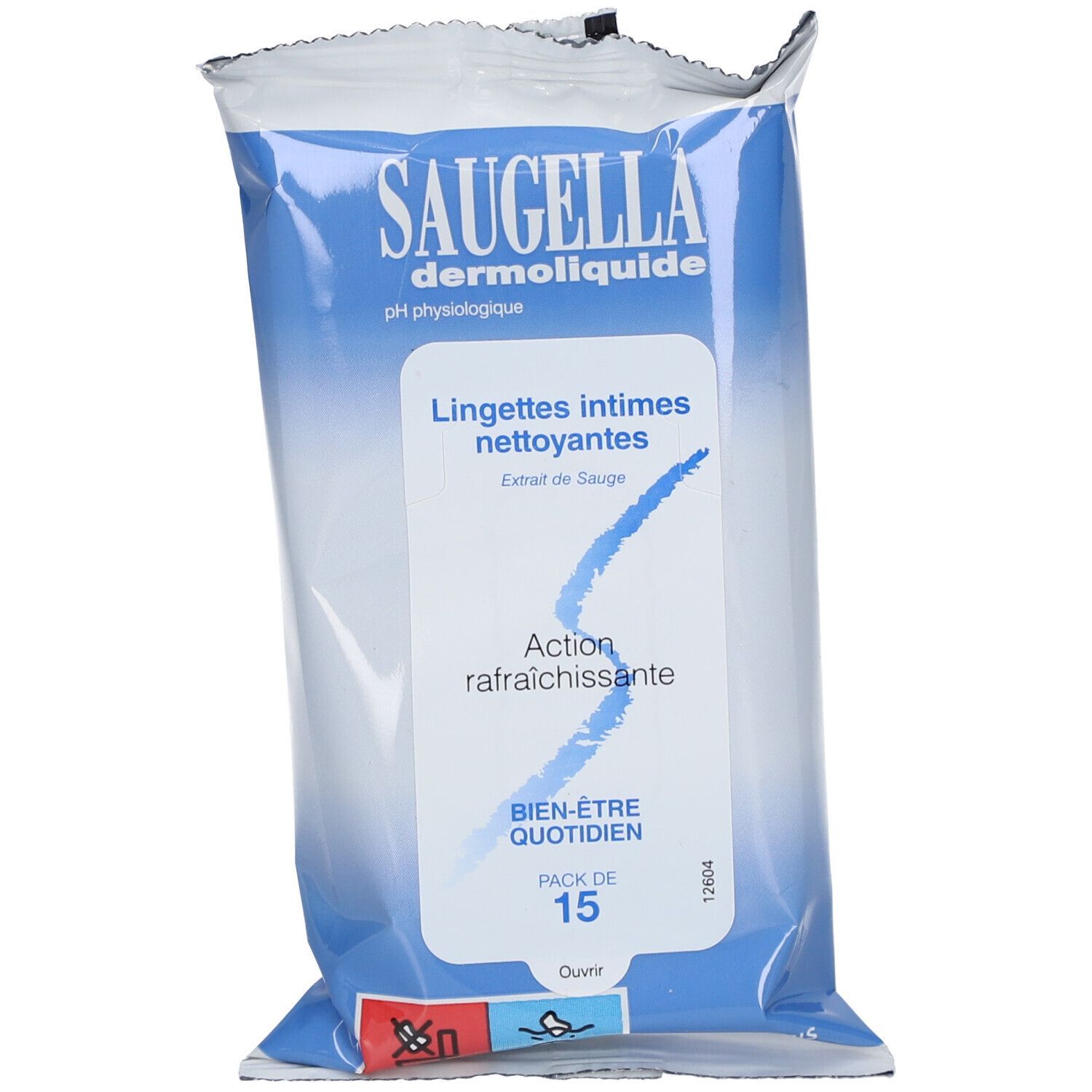 Packung Feuchttücher mit Produktnamen und Text. Blaue und weiße Verpackung mit Produktlogo und Text.