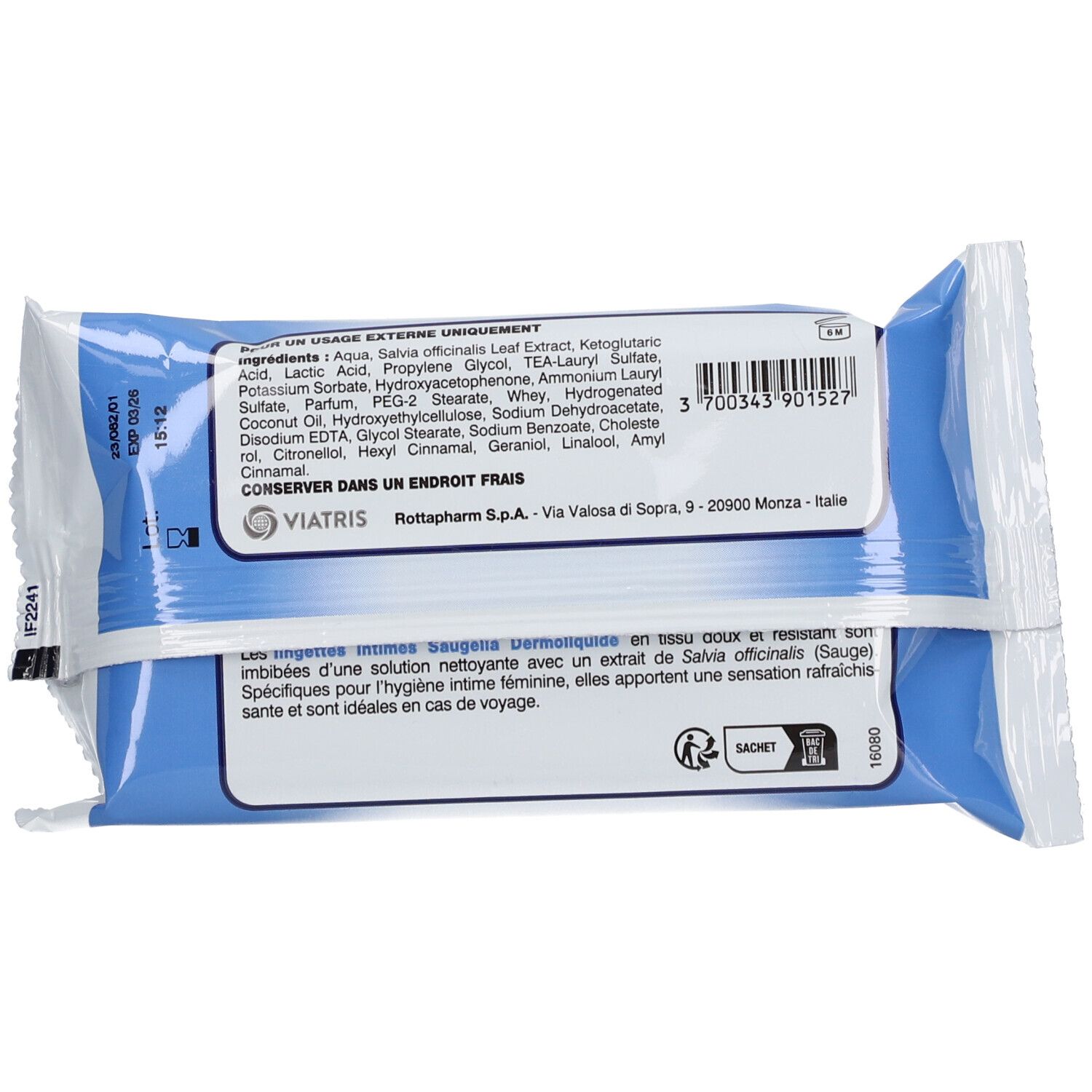 Rückseite der Feuchttücher-Packung. Text und Inhaltsstoffe auf weißem Hintergrund. Blaue Streifen.