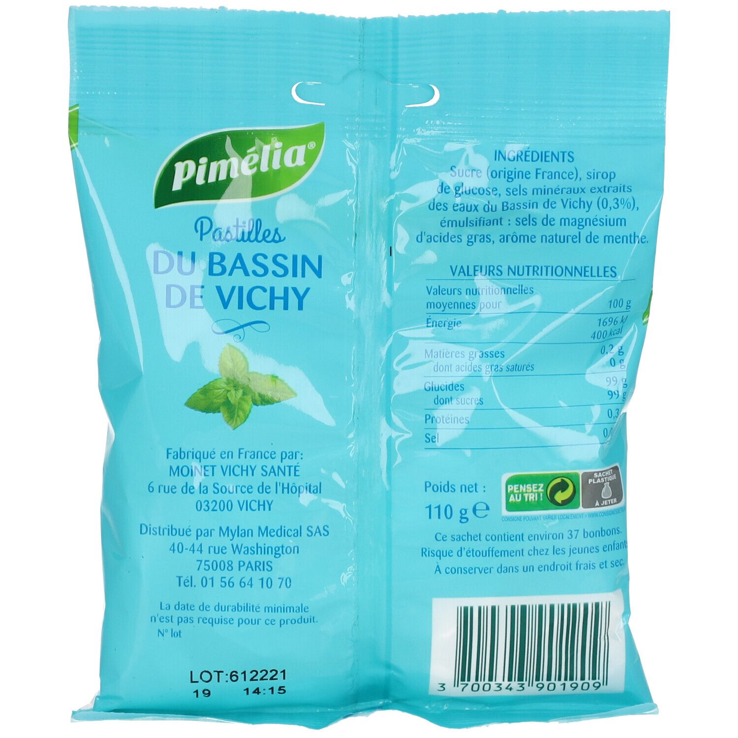 Rückseite der Verpackung. Aufschrift: Pimélia, Pastilles du Bassin de Vichy. Zutatenliste, Nährwertangaben, Gewicht 110 g.