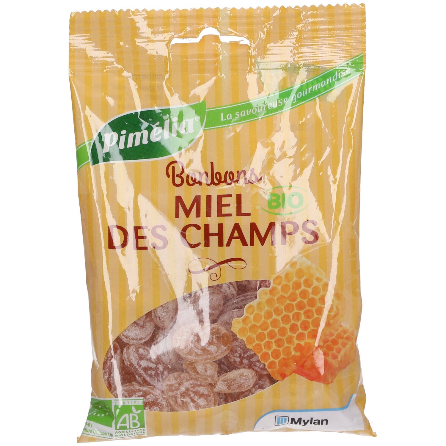 Sachet de bonbons Miel des Champs. Logo Pimélia, rayon de miel, label AB visibles.