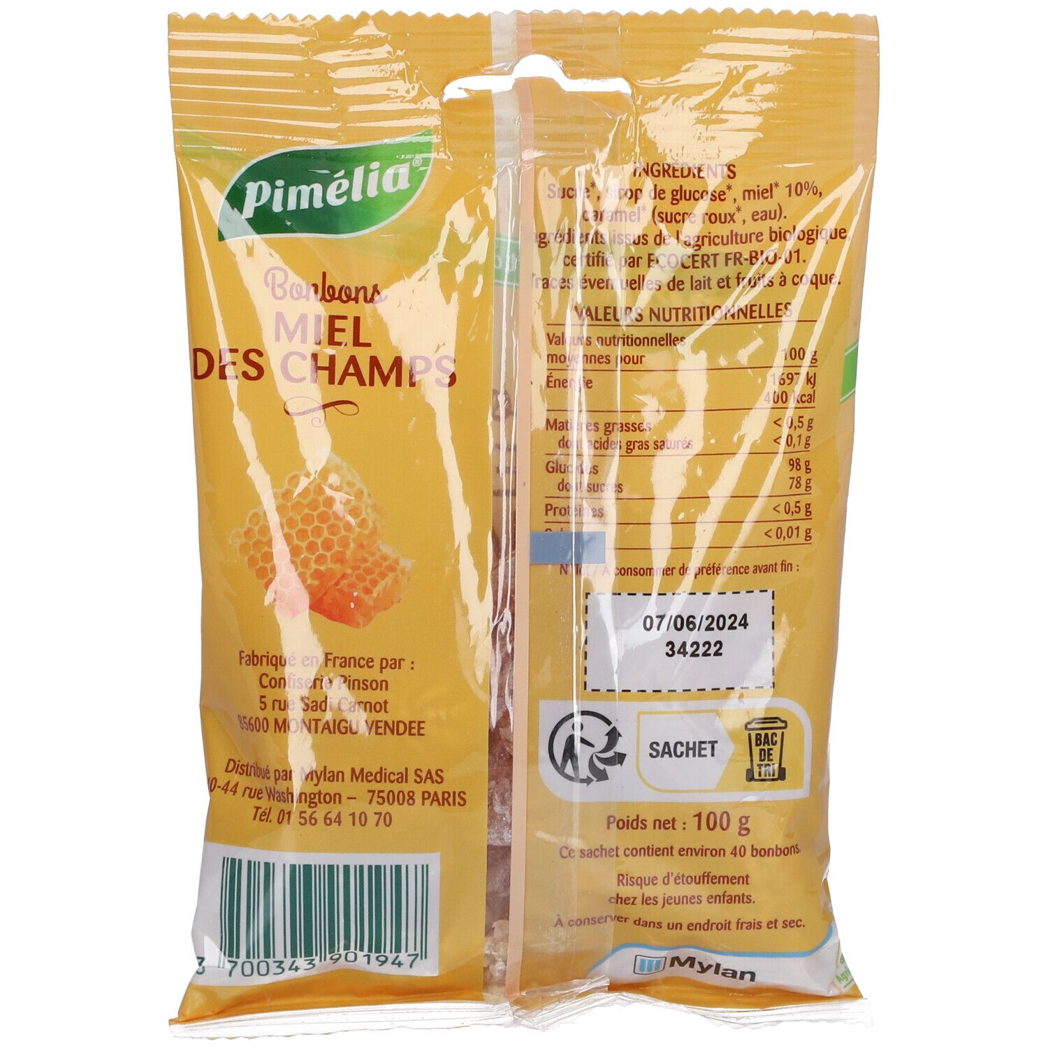 Dos du sachet de bonbons. Texte: Bonbons Miel des Champs, ingrédients, valeurs nutritionnelles, DDM.