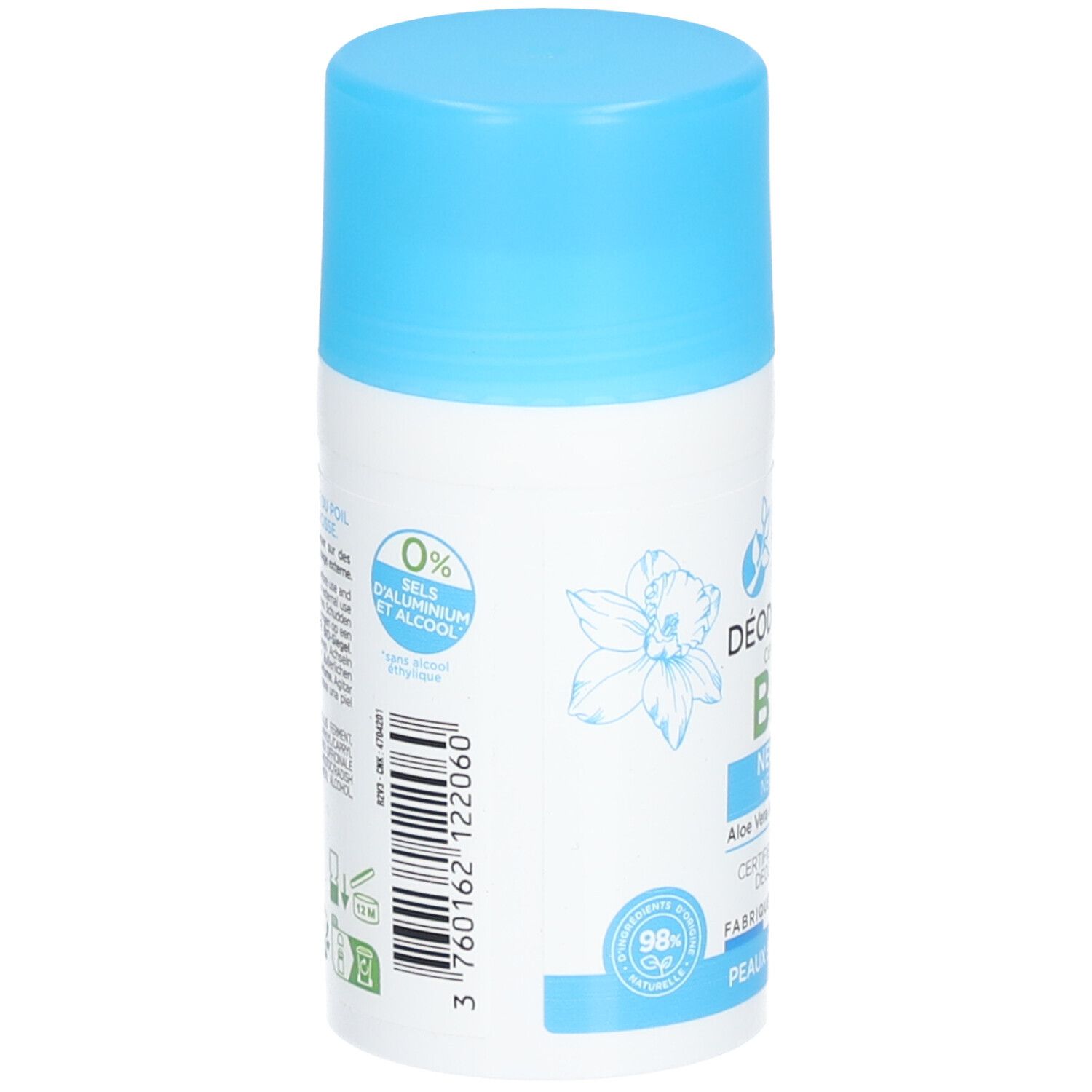 Weißer Deodorant-Roller mit blauem Deckel. Aufschrift: 0% Aluminium, Alkohol. Mit floralem Muster und Barcode.