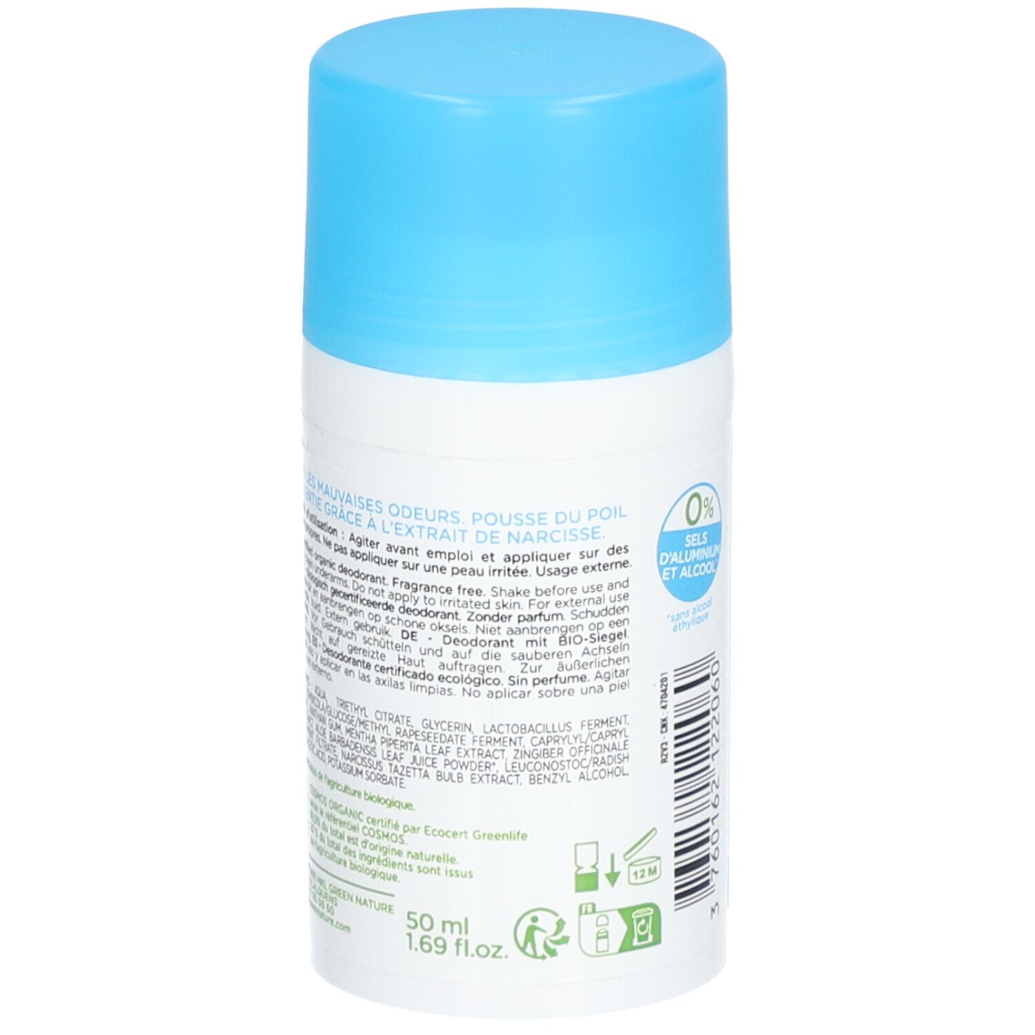 Deodorant-Roller mit blauem Deckel. Rückseite mit Text und Inhaltsstoffen. Größe: 50 ml / 1.69 fl.oz. Mit Recycling-Symbolen.