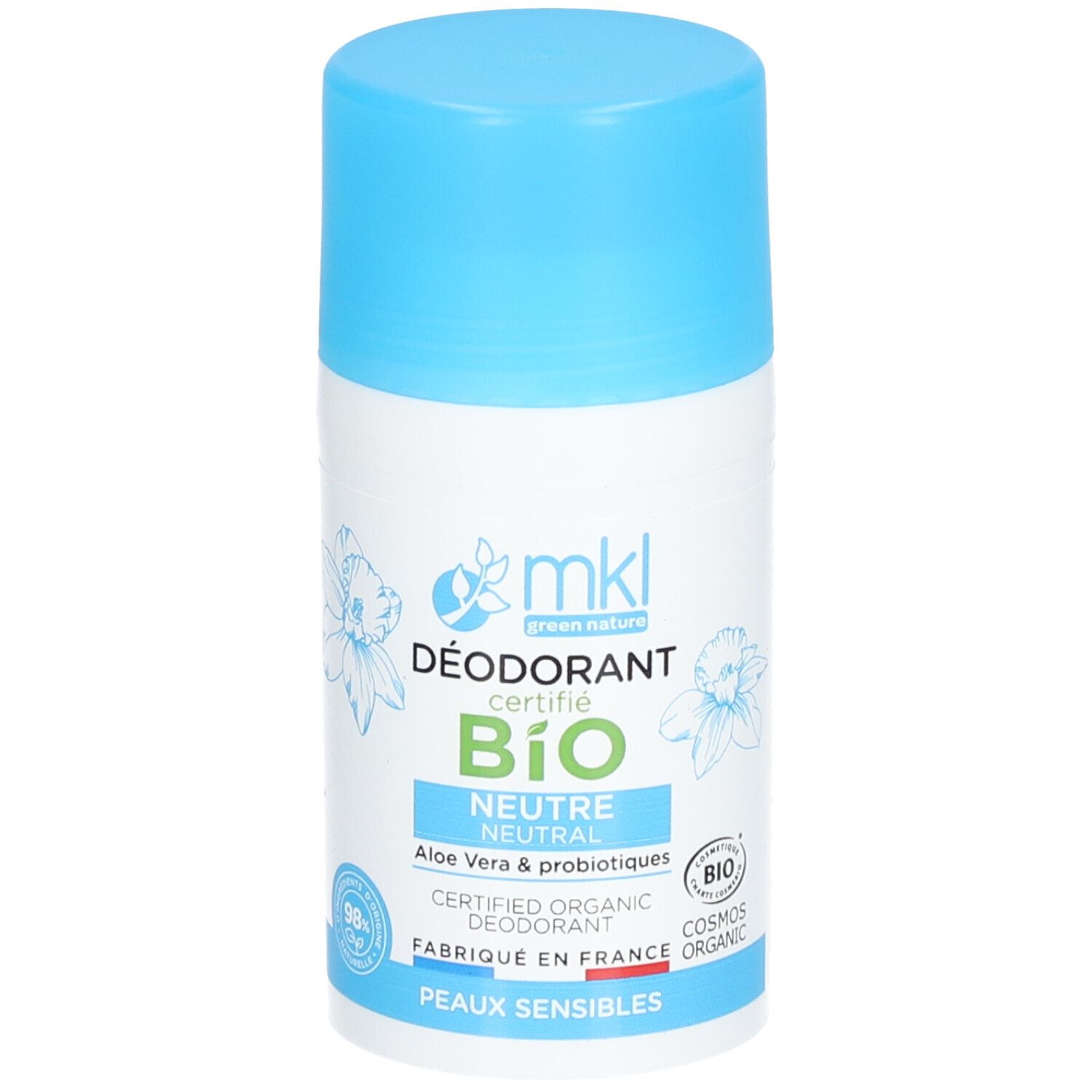 Deodorant-Roller mit blauem Deckel. Aufschrift: BIO, Neutral, Aloe Vera & Probiotika. Zertifiziertes Bio-Deodorant.